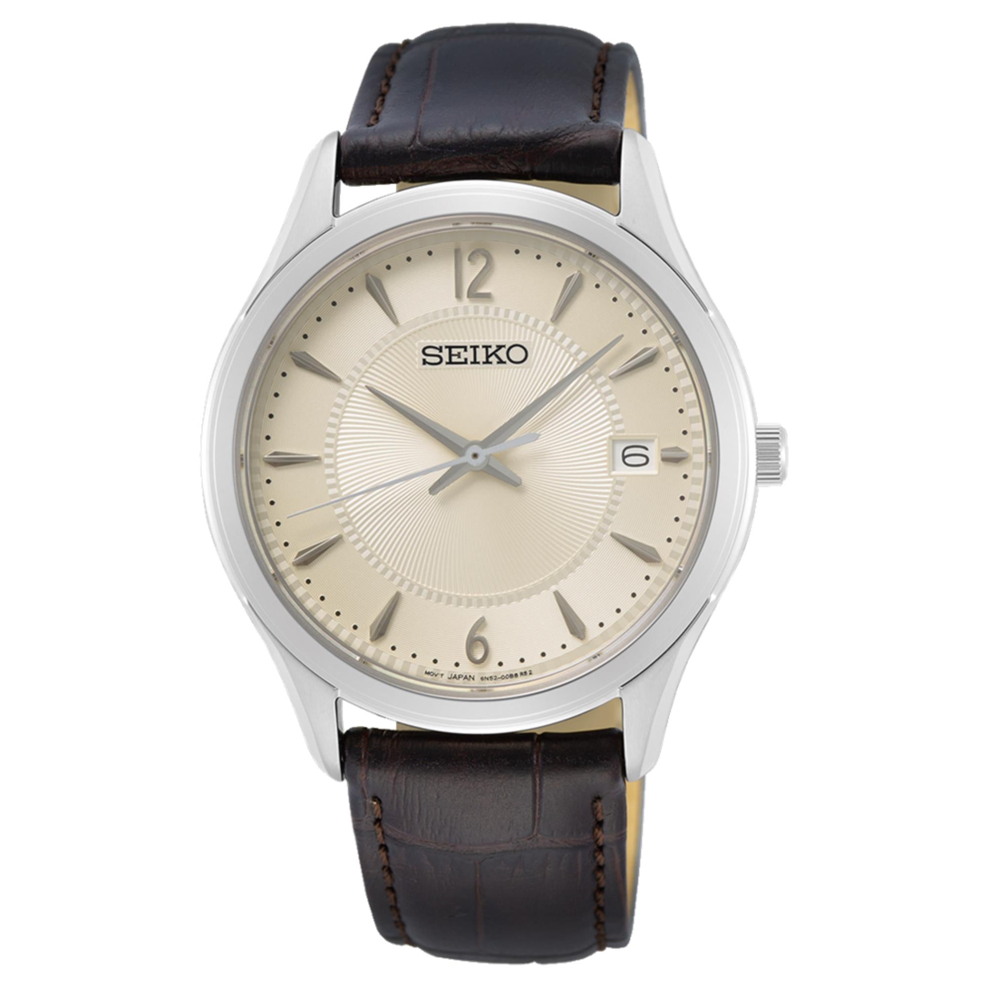 Seiko Essentials 39mm Ivory Dial Leather Mens Quartz Watch SUR421P1