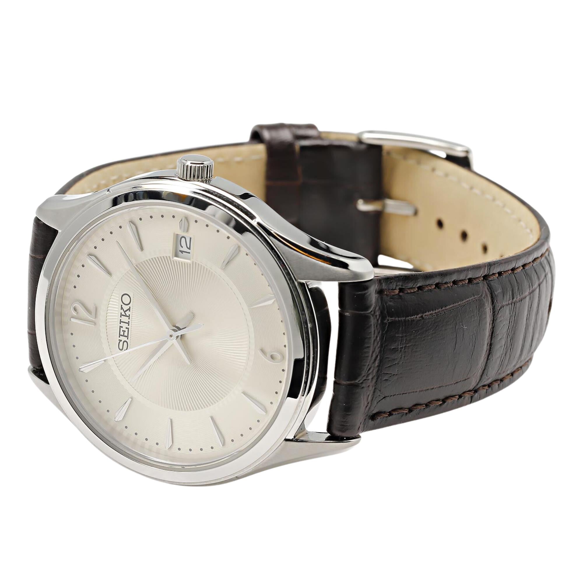 Seiko Essentials 39mm Ivory Dial Leather Mens Quartz Watch SUR421P1