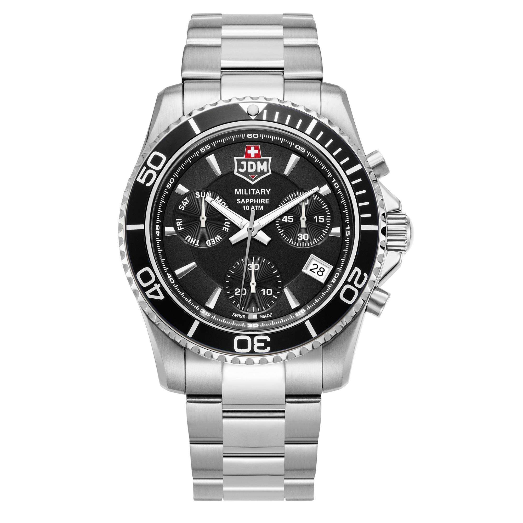 JDM Military Sierra Chrono Uhr mit schwarzem Zifferblatt und Edelstahlarmband für Herren JDM-WG019-01
