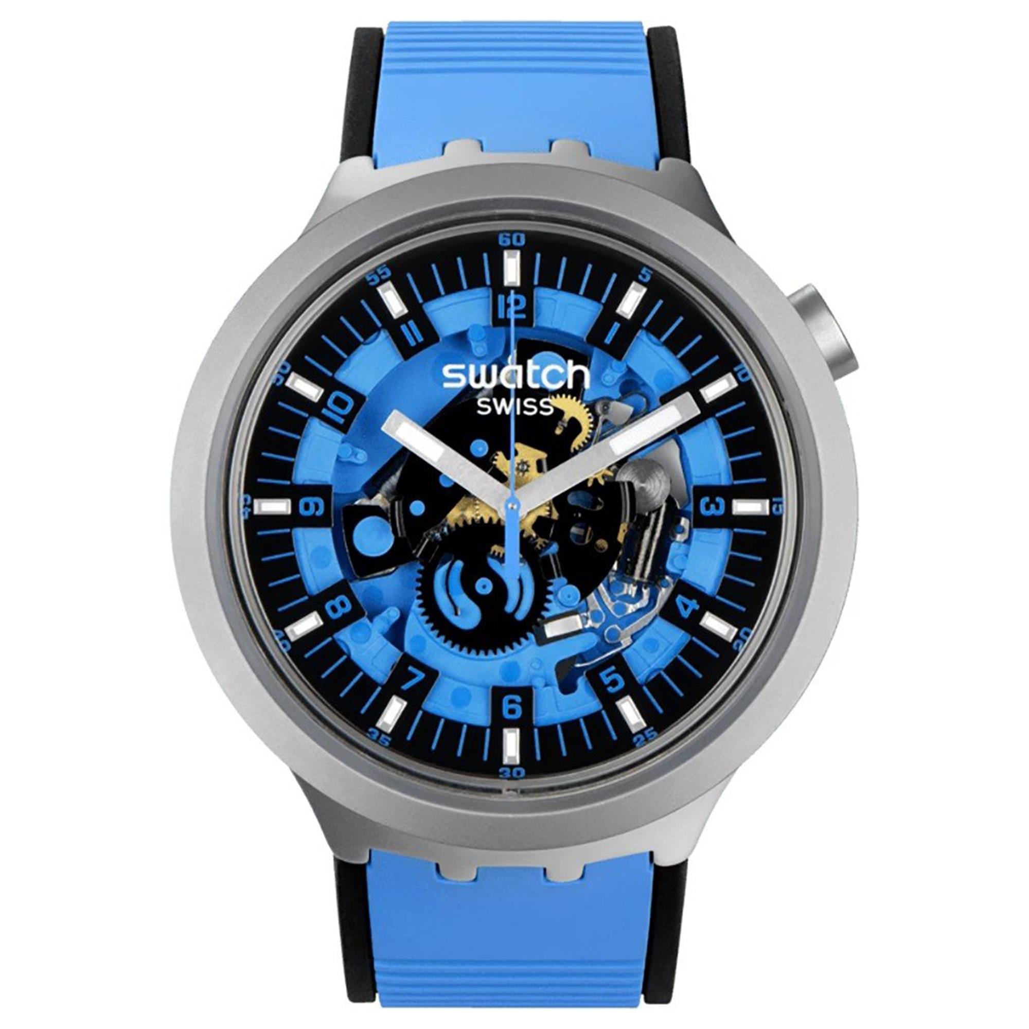Swatch Big Bold Irony Blauer Gummiarmband Blaues Zifferblatt Quarz Uhr SB07S106