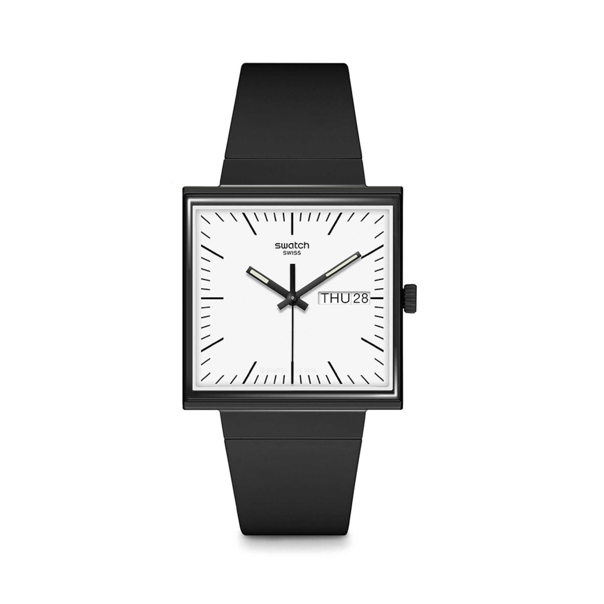 Swatch WAS WENN...SCHWARZ? Quadratische Biokeramik Weißes Zifferblatt Uhr SO34B700