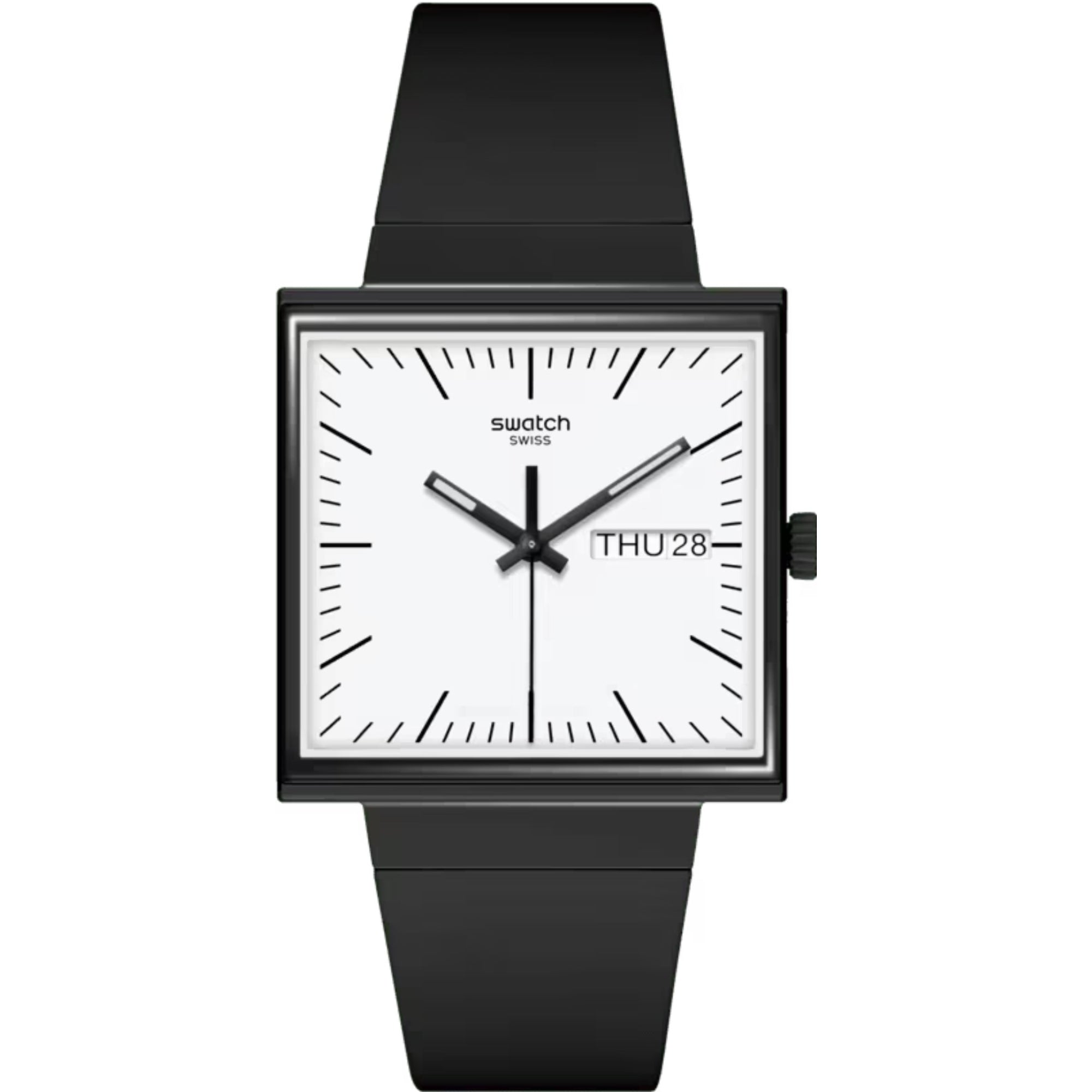 Swatch WAS WENN...SCHWARZ? Quadratische Biokeramik Weißes Zifferblatt Uhr SO34B700