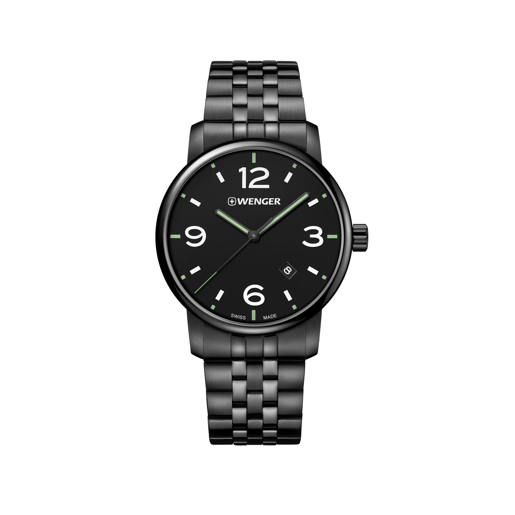 Wenger Urban Metropolitan Quarz Schwarzes Zifferblatt Schwarzes Edelstahlarmband Herren Uhr 01.1741.119