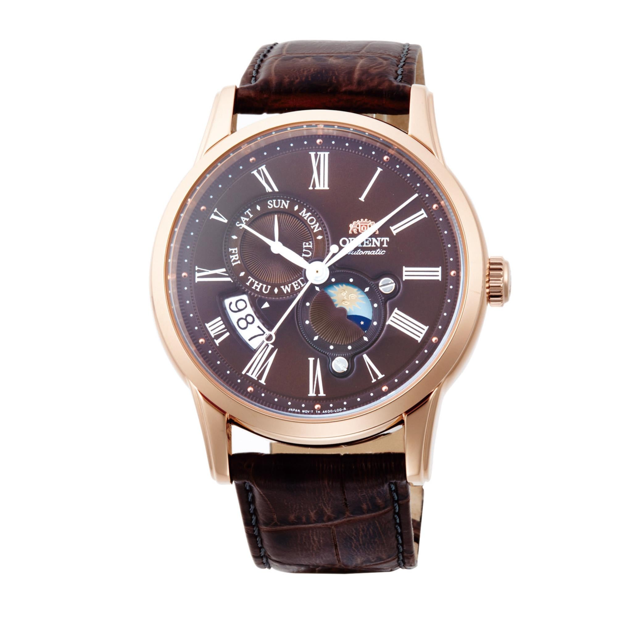 Orient Bambino 42,5mm Sonne & Mond Braunes Zifferblatt Leder Herren Automatik Uhr RA-AK0009T10B