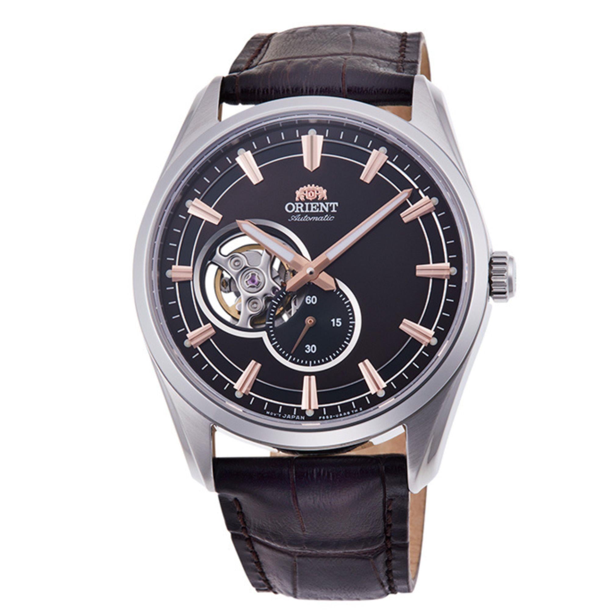 Orient Stretto 41 mm Semi Skeleton Schwarzes Zifferblatt Leder Herren Automatik Uhr RA-AR0005Y10B