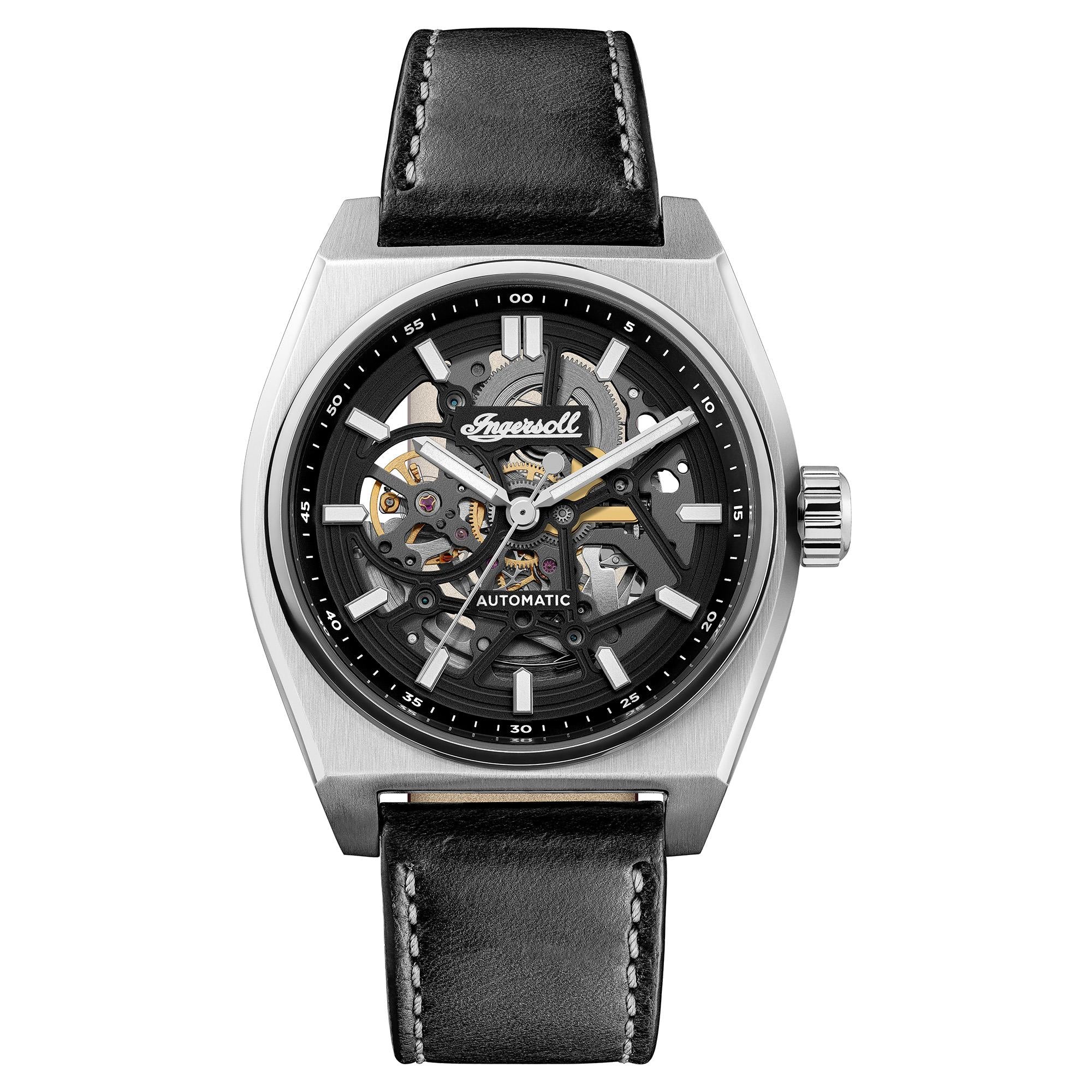 Ingersoll The Vert Automatik Schwarzes Skelett Zifferblatt Schwarzes Lederarmband Herren Uhr I14301