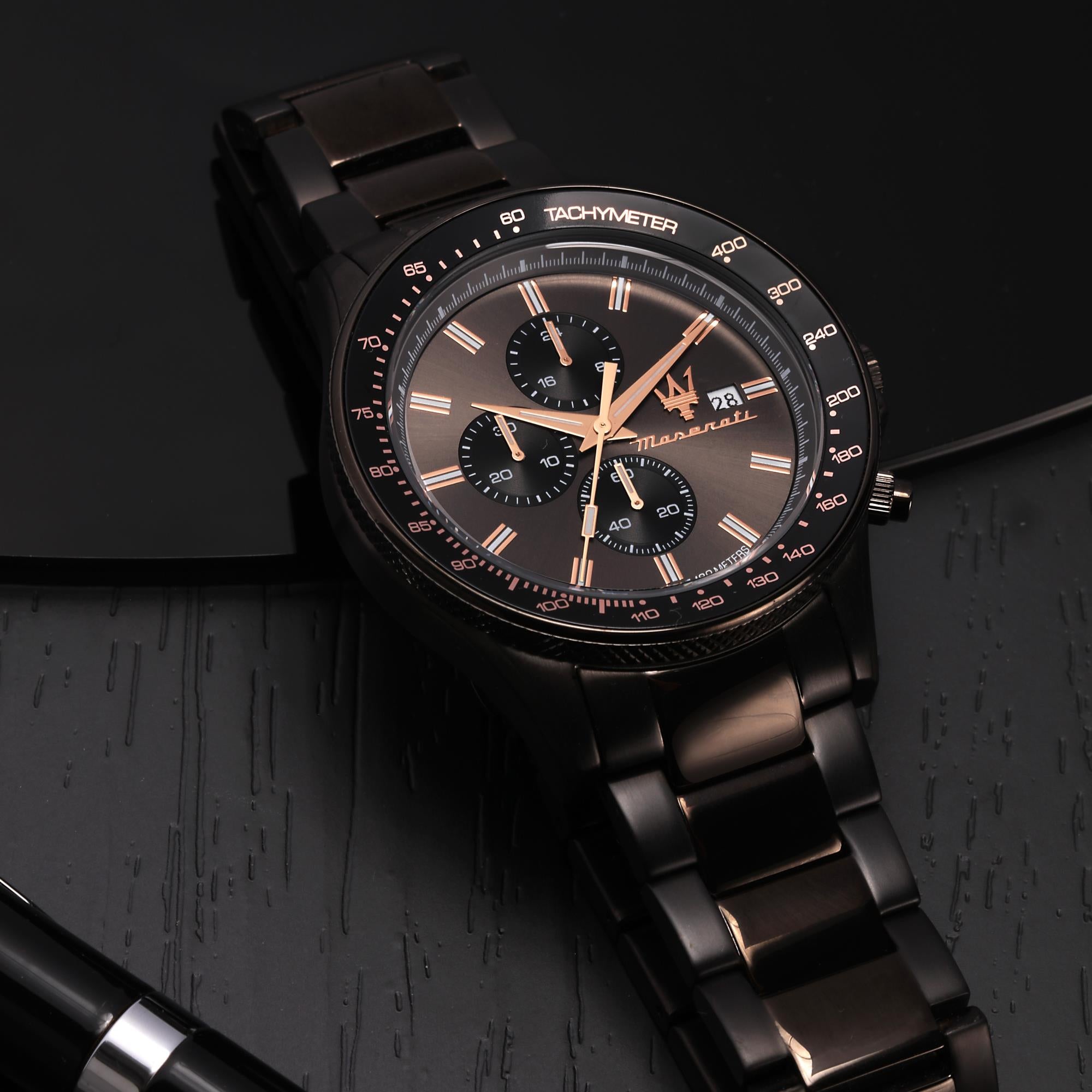 Maserati Sfidia Quarz Schwarzes Chronograph Zifferblatt Schwarzes PVD Stahlarmband Herren Uhr R8873640011