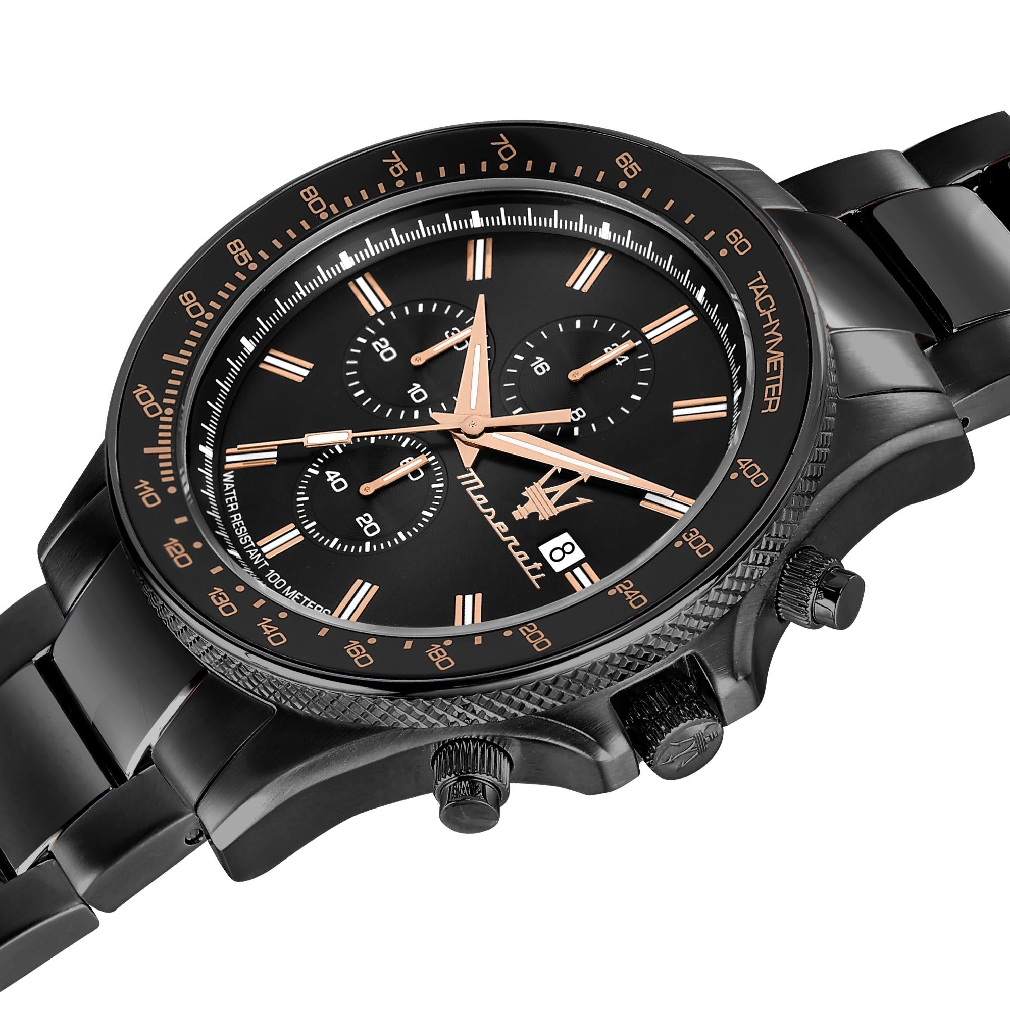Maserati Sfidia Quarz Schwarzes Chronograph Zifferblatt Schwarzes PVD Stahlarmband Herren Uhr R8873640011