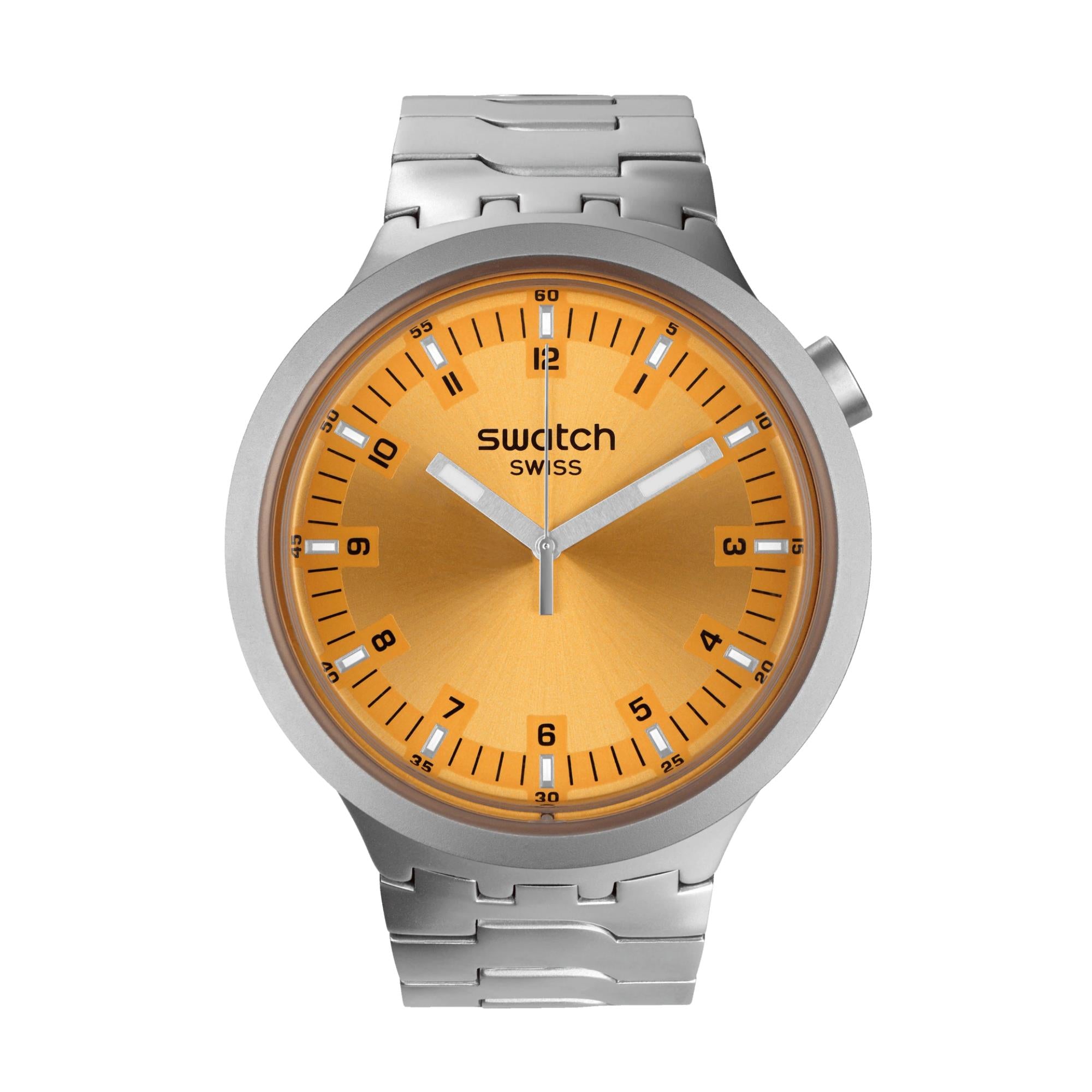 Swatch Big Bold Amber Sheen Quarz Orange Zifferblatt Edelstahlarmband Unisex Uhr SB07S103G