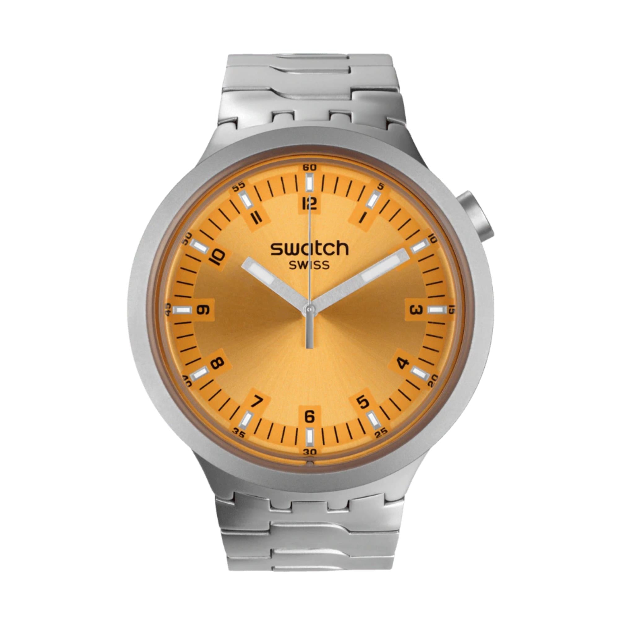 Swatch Big Bold Amber Sheen Quarz Orange Zifferblatt Edelstahlarmband Unisex Uhr SB07S103G