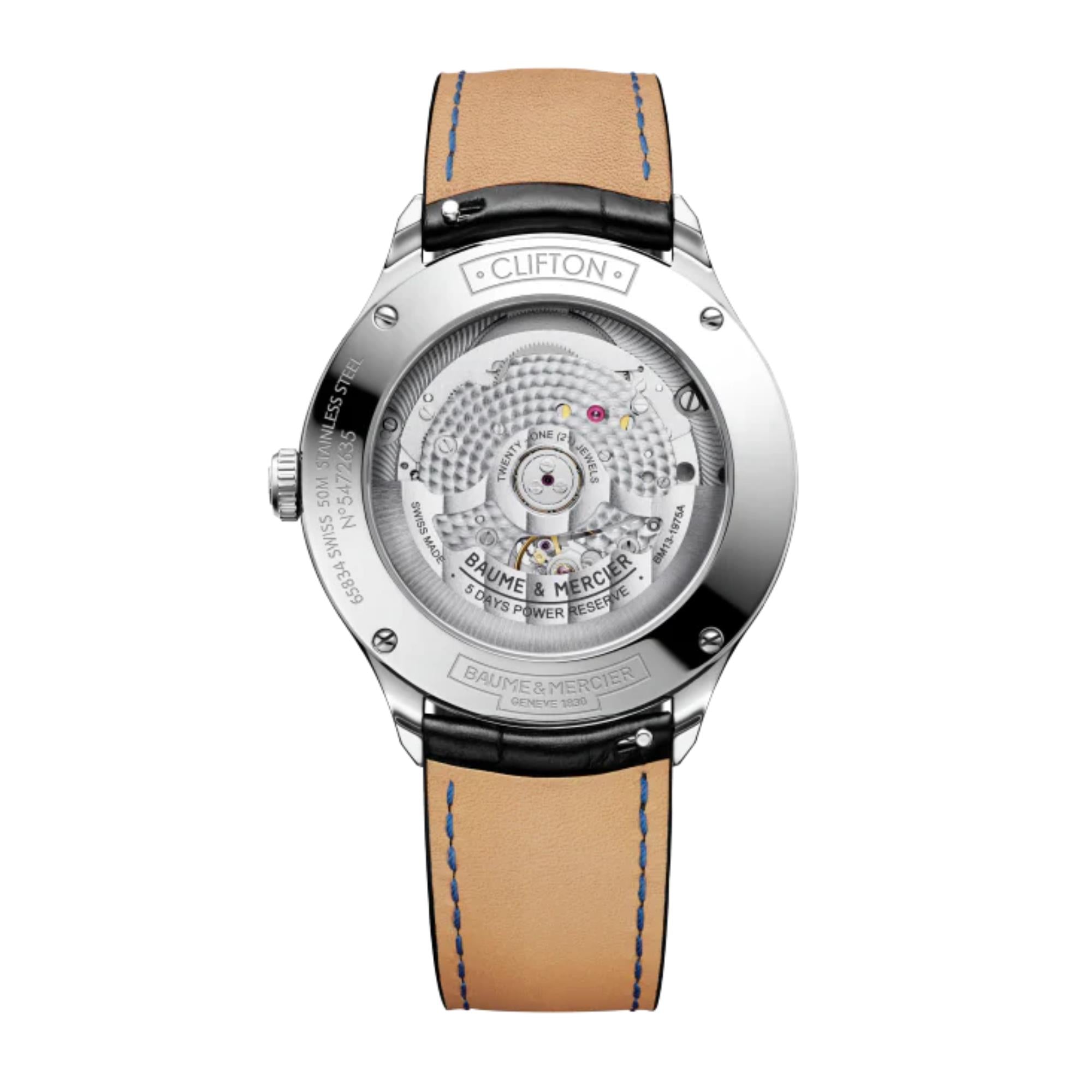 Baume & Mercier Clifton Baumatic Automatic Black Dial Black Leather Strap Men’s Watch BM0A10692