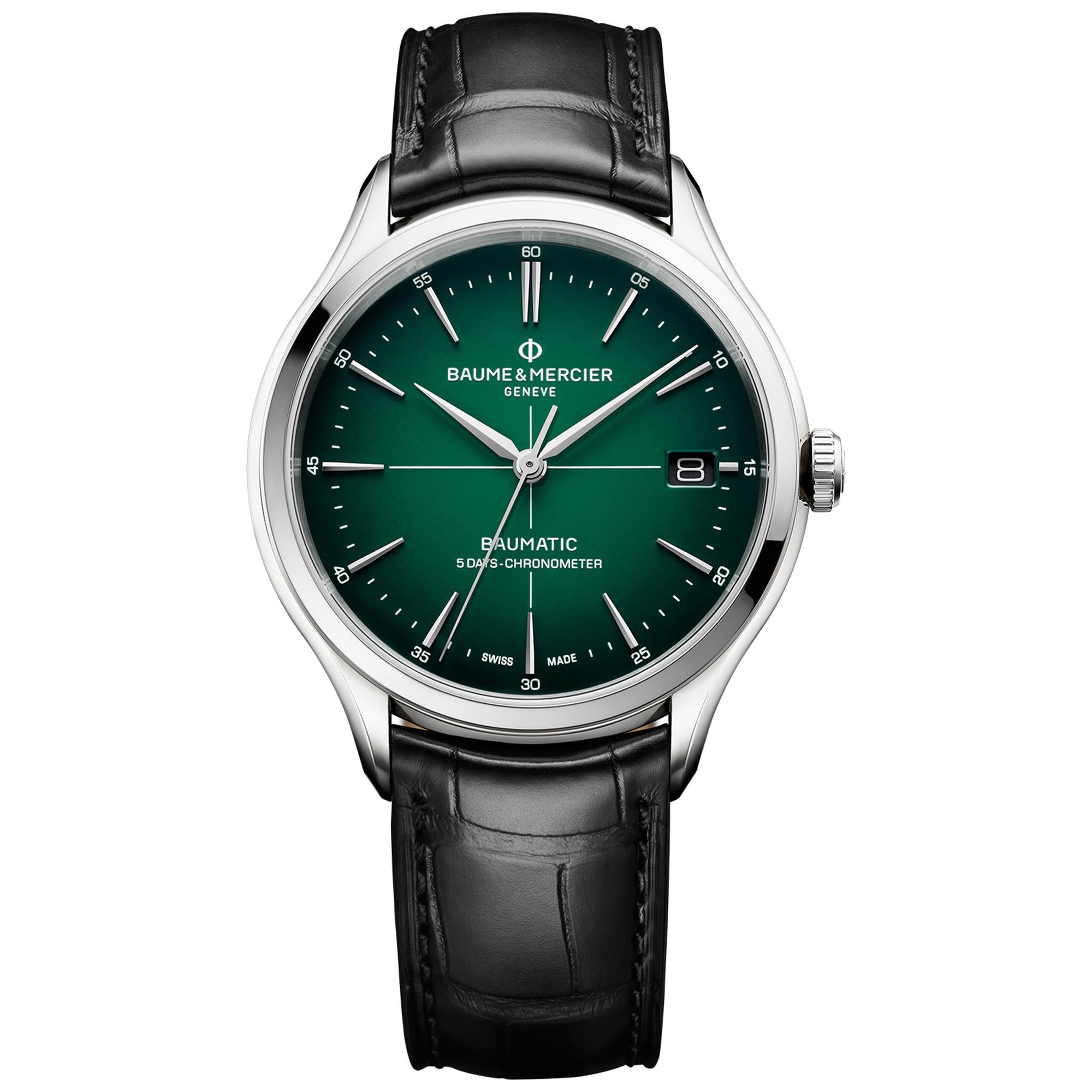 Baume & Mercier Clifton Baumatic Automatik Grünes Zifferblatt Schwarzes Lederarmband Herren Uhr BM0A10592