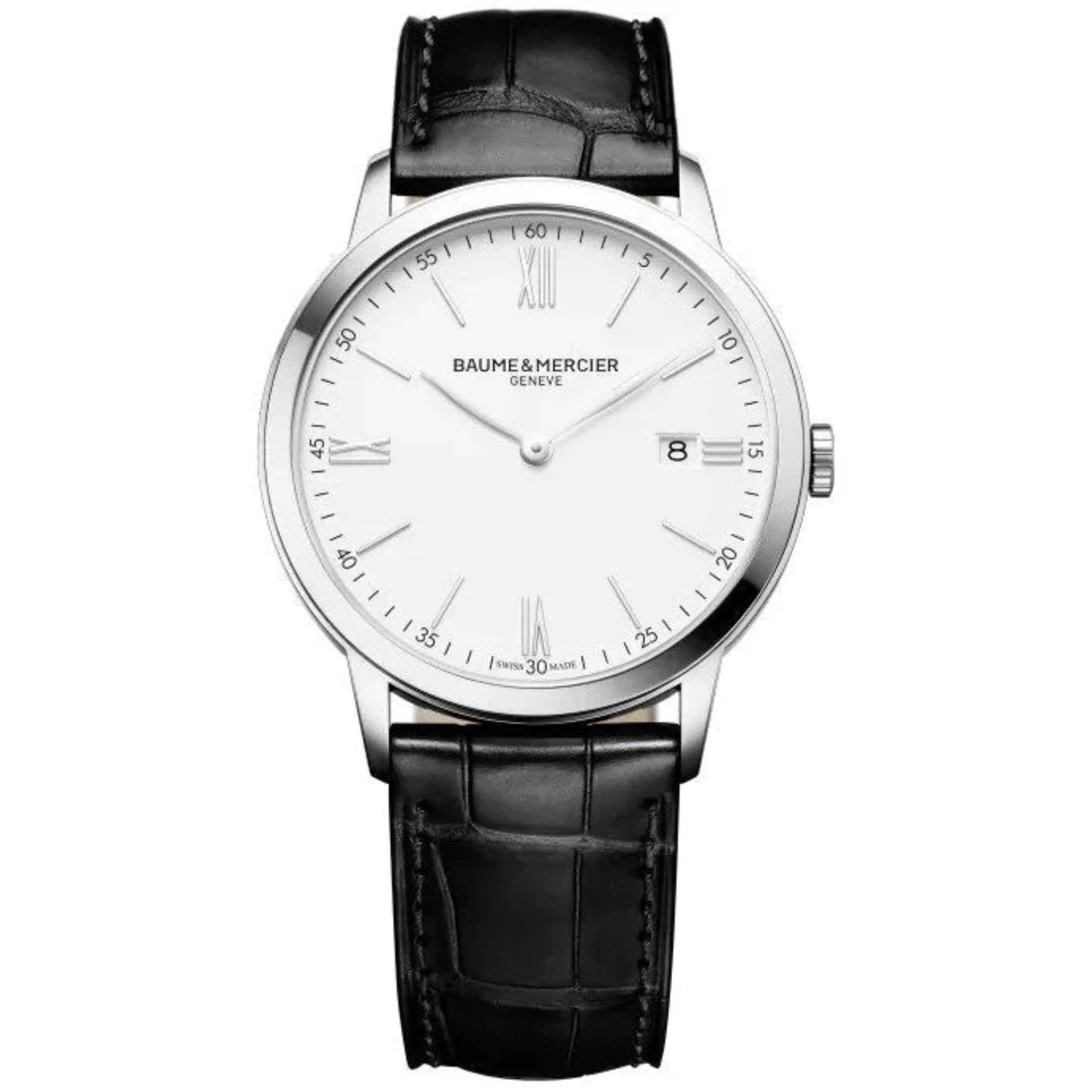 Baume & Mercier Classima Quarz Weiß Zifferblatt Schwarzes Lederarmband Herren Uhr BM0A10323