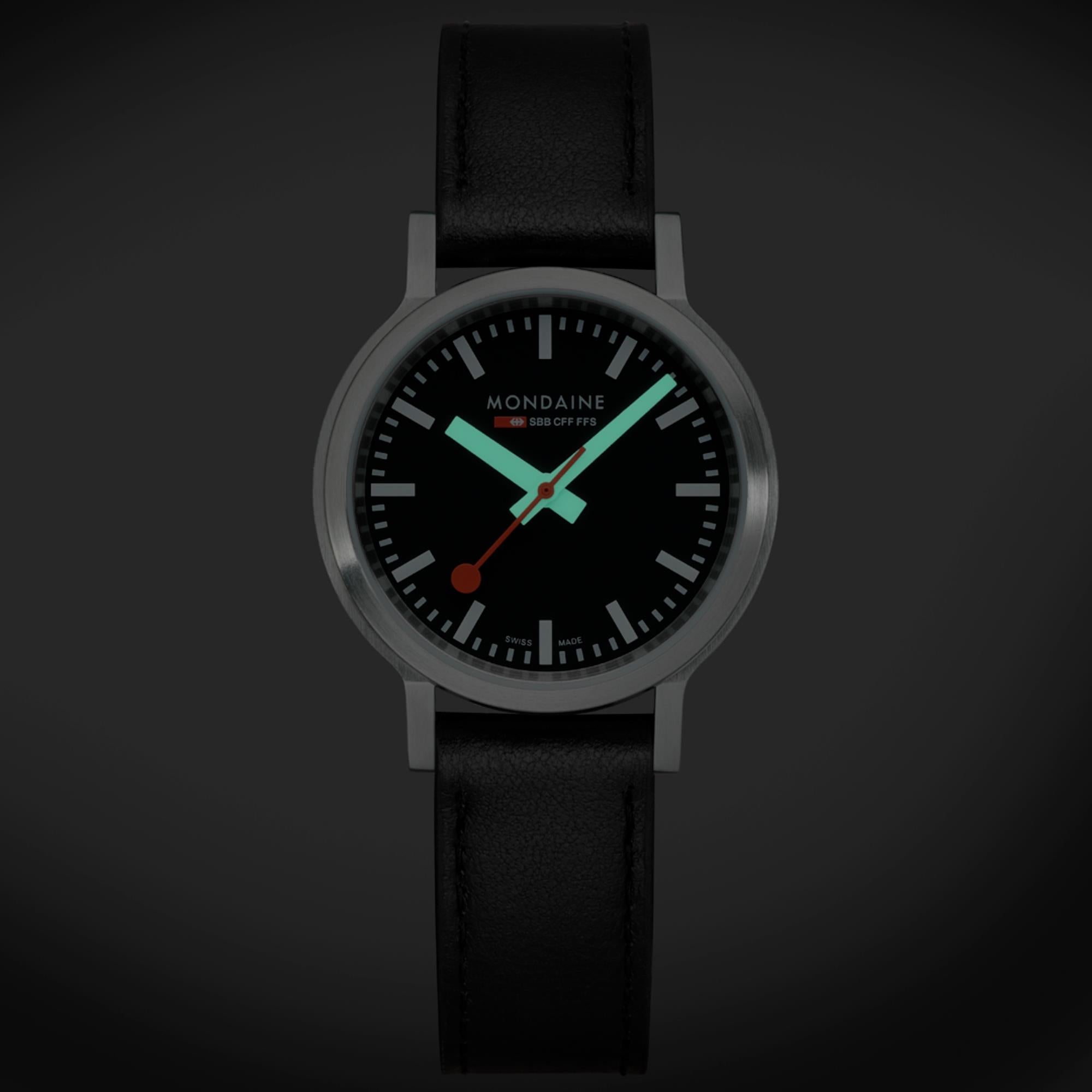 Mondaine stop2go Quarz Schwarzes Zifferblatt Schwarzes Leder Uhr MST.34020.LBV.SET