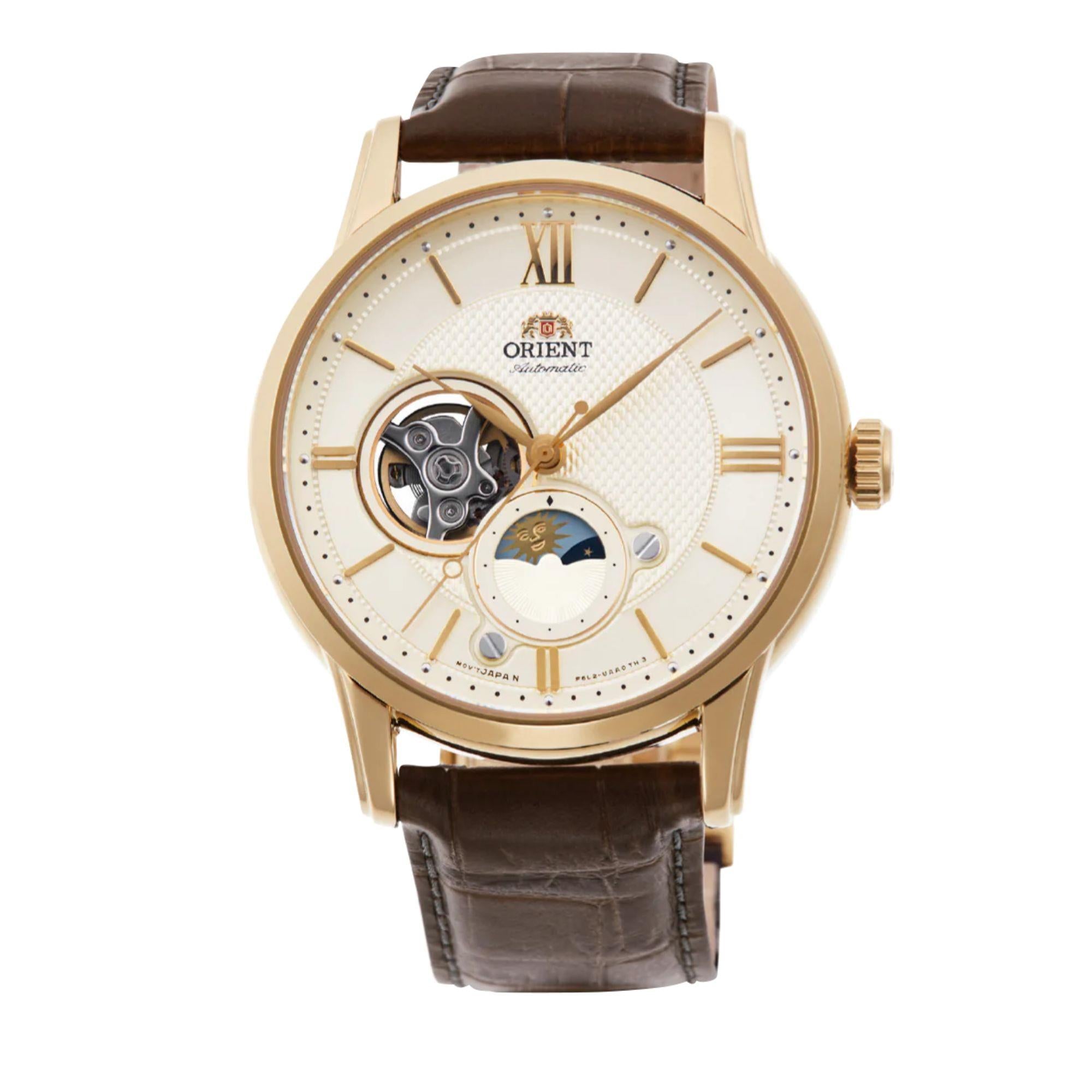 Orient Bambino 42mm Sun & Moon White Dial Leather Mens Automatic Watch RA-AS0010S30B
