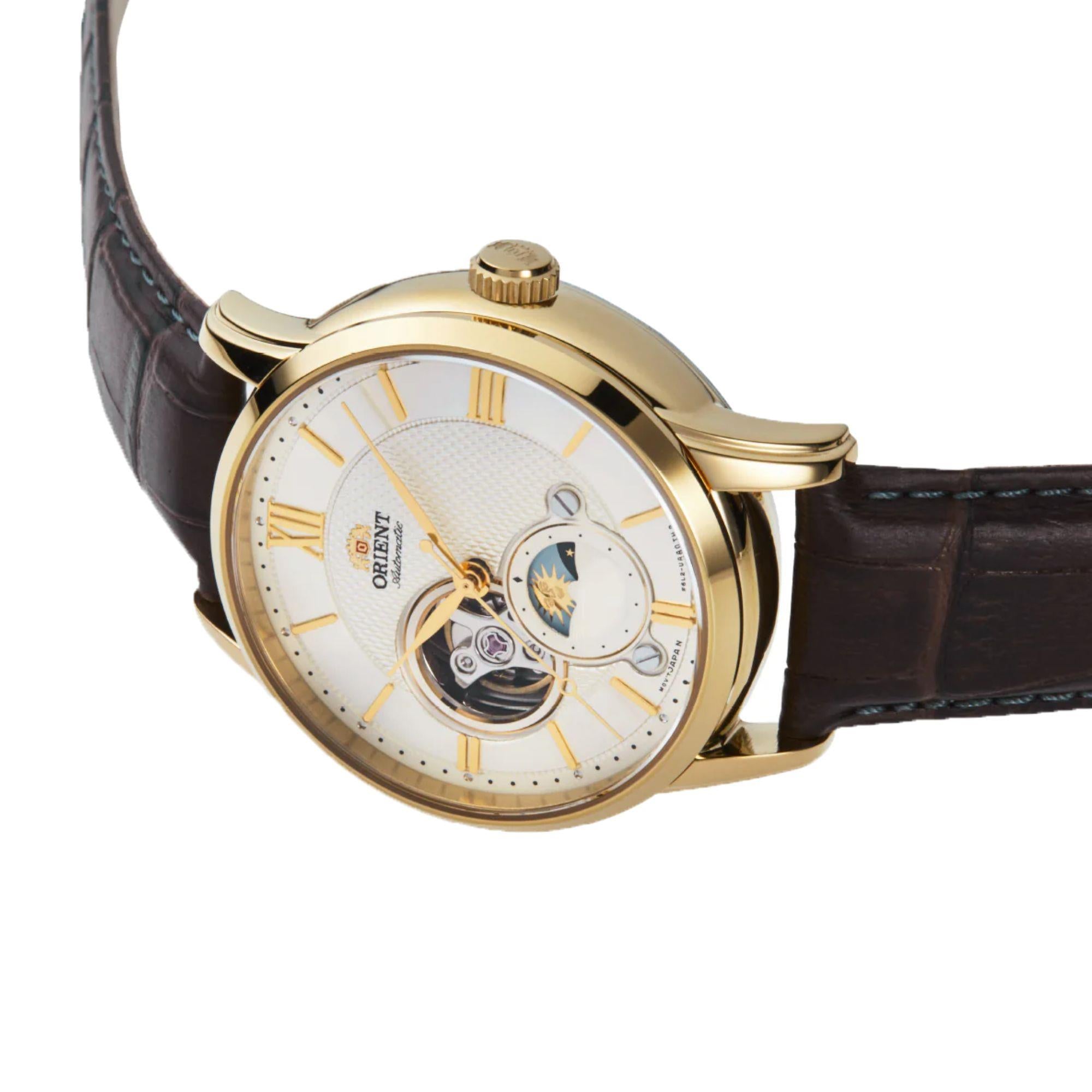 Orient Bambino 42mm Sun & Moon White Dial Leather Mens Automatic Watch RA-AS0010S30B
