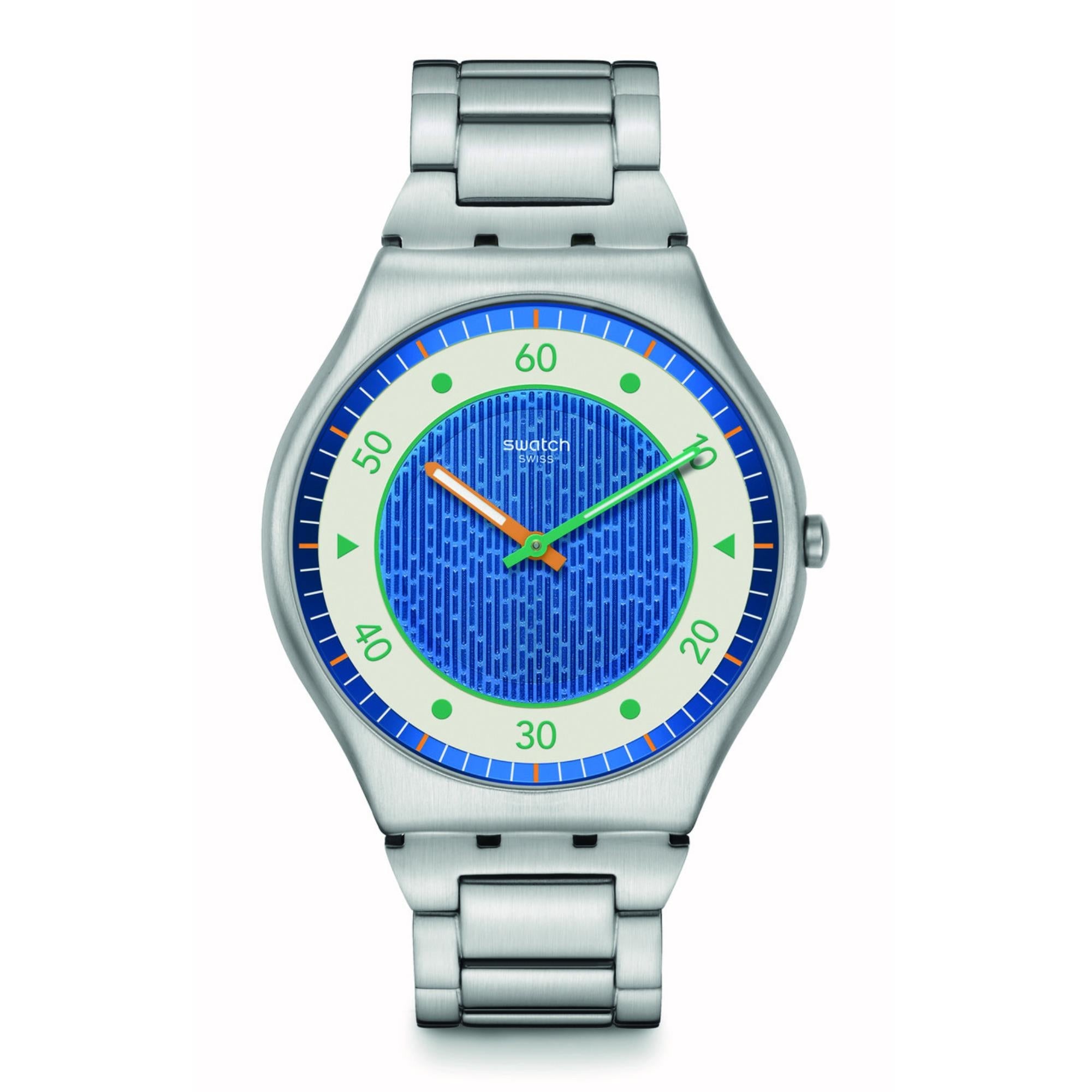 Swatch Skin Irony Splash Dance Quarz Blaues Zifferblatt Stahl Uhr SS07S143G