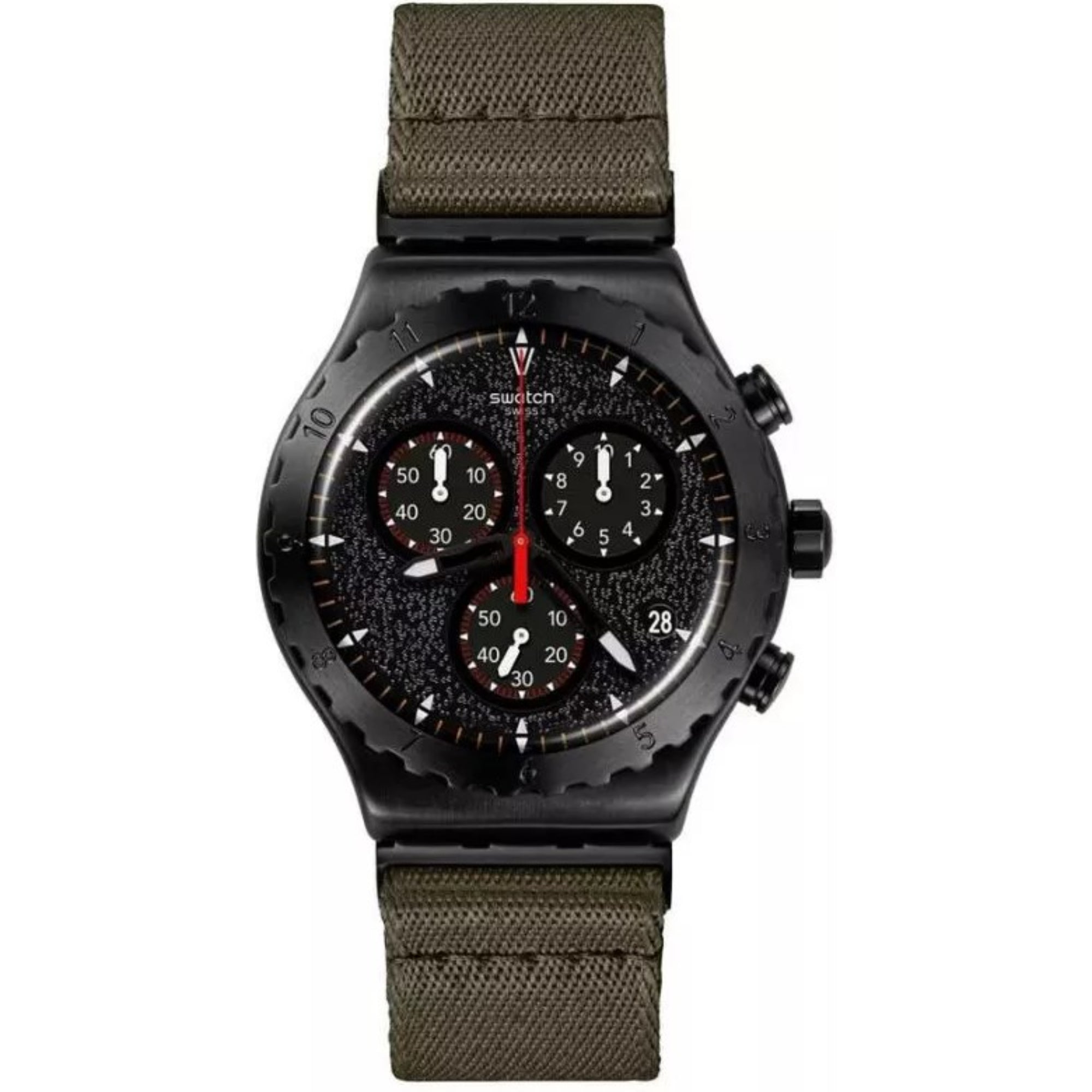 Swatch watch with black case and olive green strap on a white background