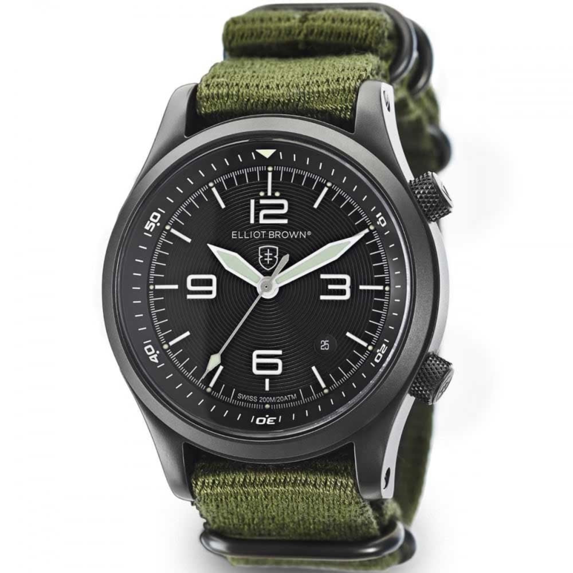 Elliot Brown Canford Schwarzes Zifferblatt Grünes Textil Armband Herren Uhr 202-004-N01