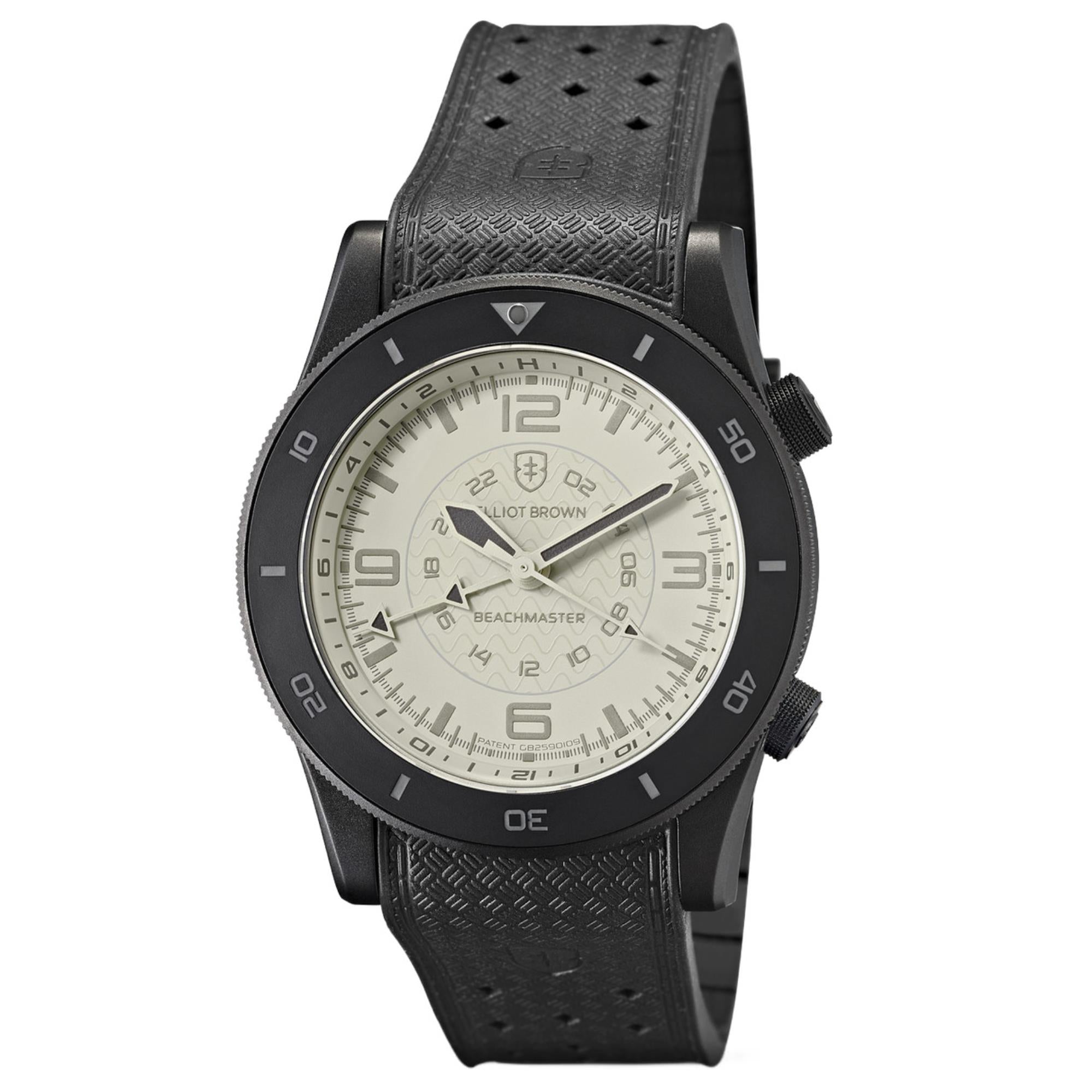 Elliot Brown Beachmaster Ghost Creme Zifferblatt Schwarzes Gummi Armband Herren Uhr 0H0-622-R51G