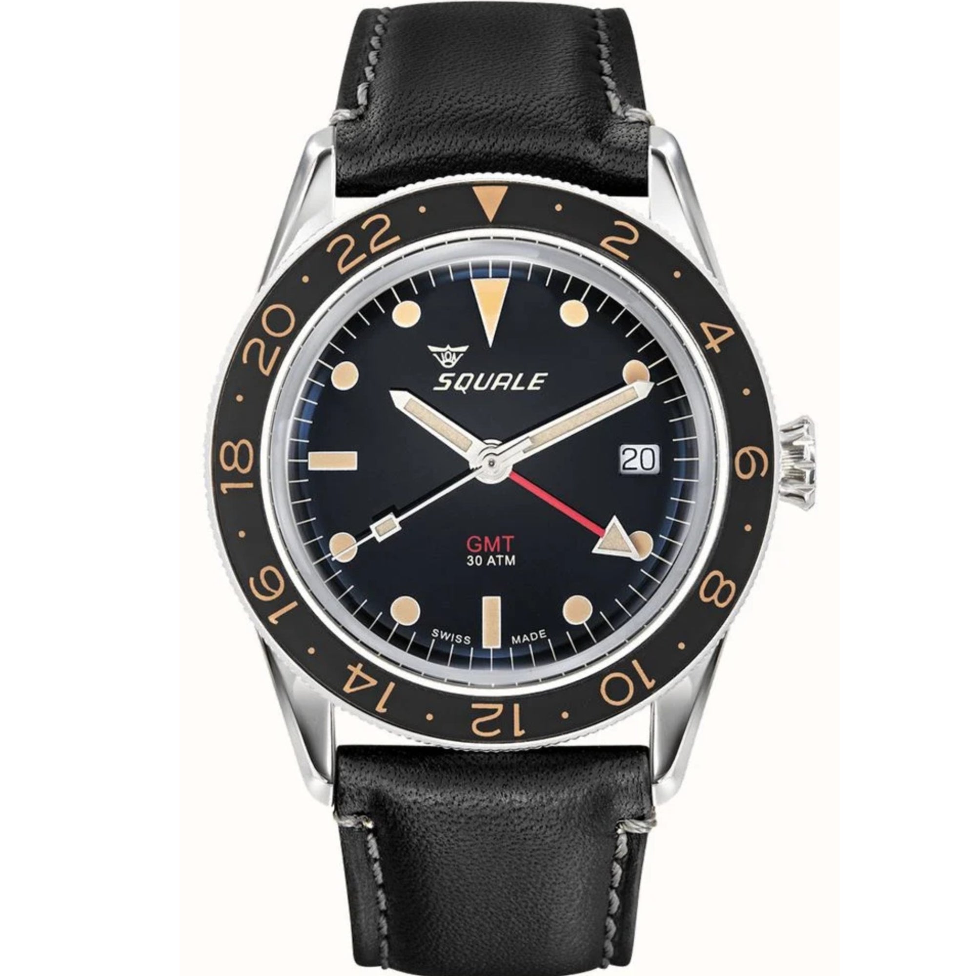 Squale Sub-39 GMT Vintage Automatic Black Dial Black Leather Strap Men's Watch SUB39GMTV.PN