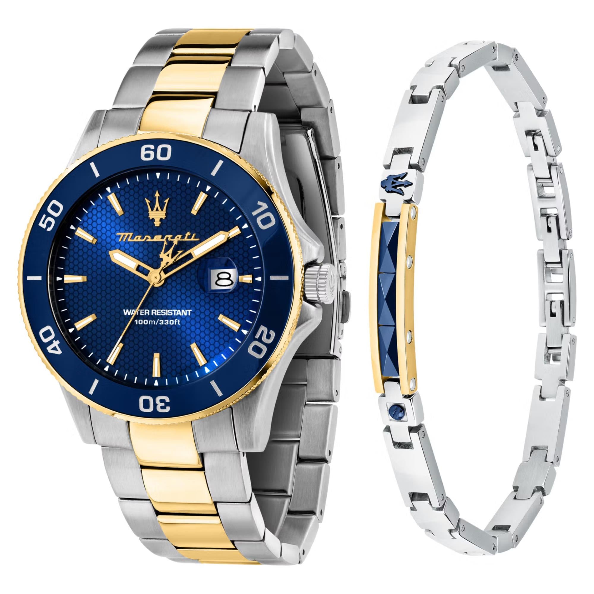Maserati Competizione Quarz Blaues Zifferblatt Zweifarbiges Stahlarmband Herren Uhr R8873600007