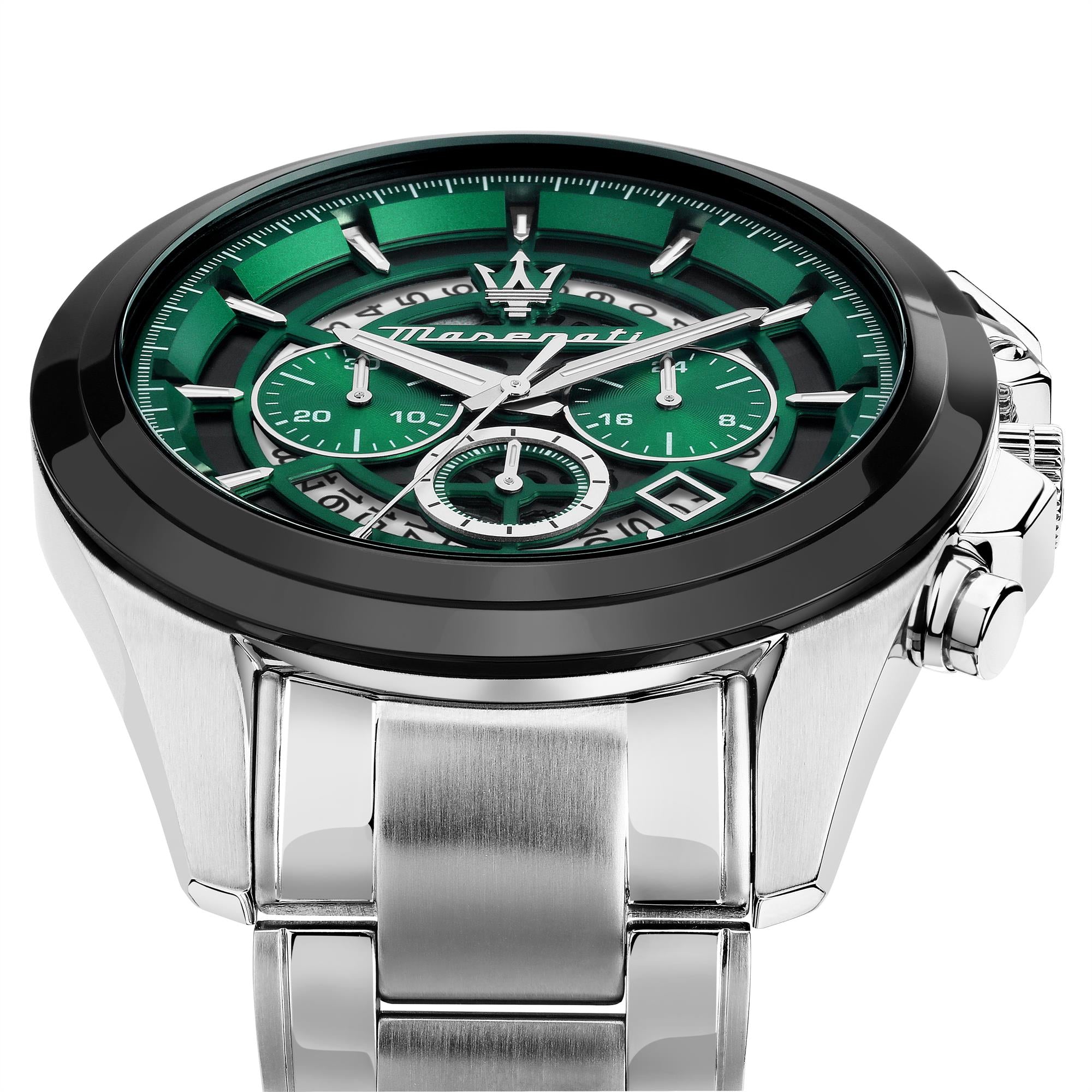 Maserati Traguardo Quarz Chronograph Grünes Zifferblatt Stahlarmband Herren Uhr R8873612060