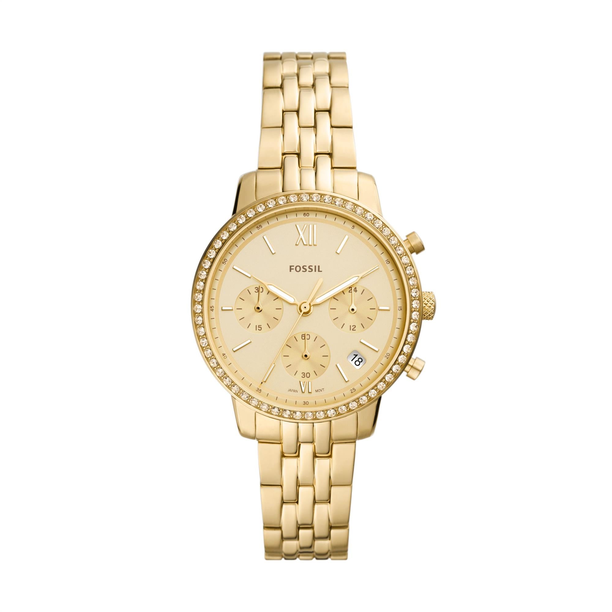 Fossil Neutra 36mm Chronograph Goldenes Zifferblatt Stahl Damen Quarz Uhr ES5219
