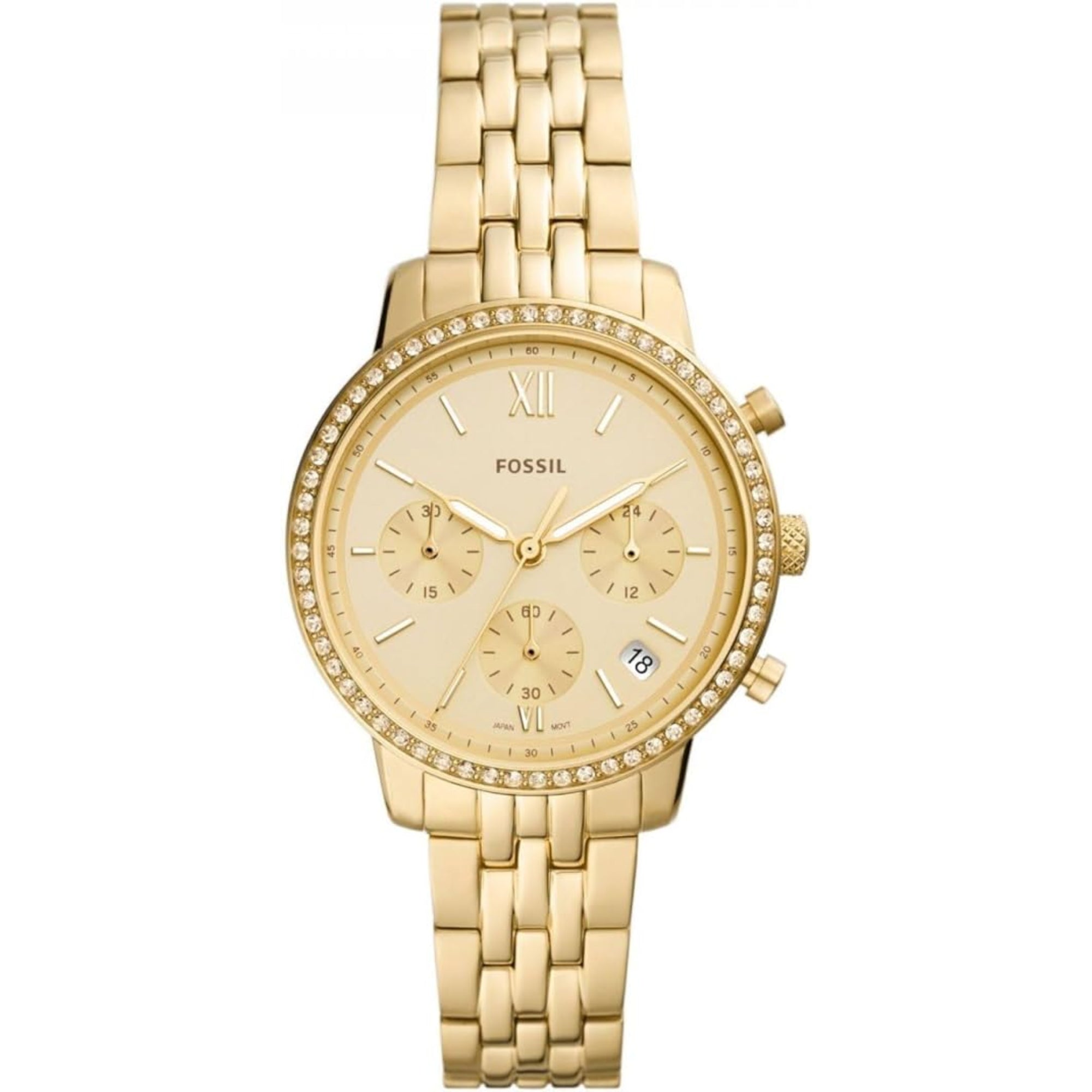 Fossil Neutra 36mm Chronograph Goldenes Zifferblatt Stahl Damen Quarz Uhr ES5219