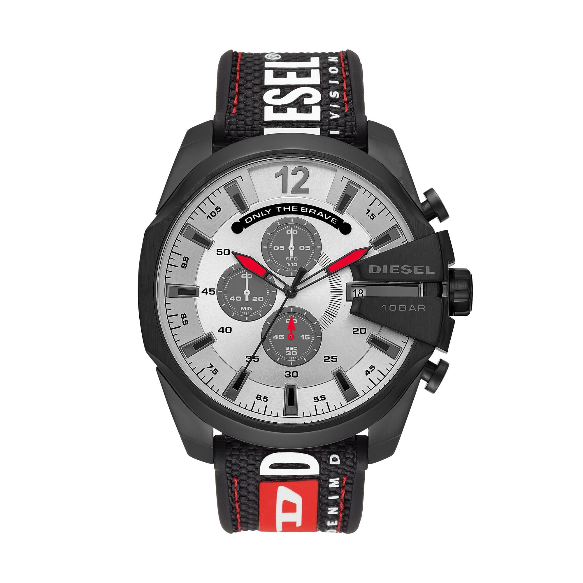 Diesel Mega Chief 51mm Chronograph Silver Dial Fabric Mens Quartz Watch DZ4512