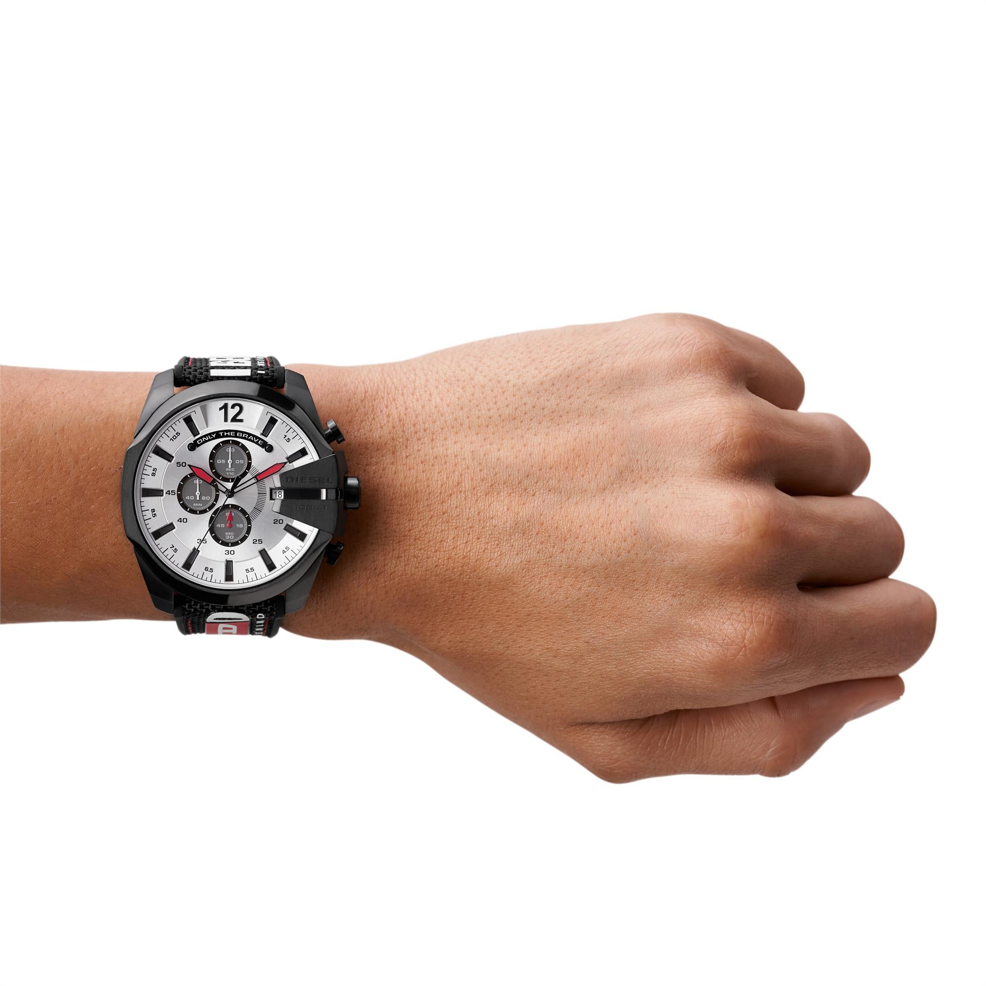 Diesel Mega Chief 51mm Chronograph Silver Dial Fabric Mens Quartz Watch DZ4512