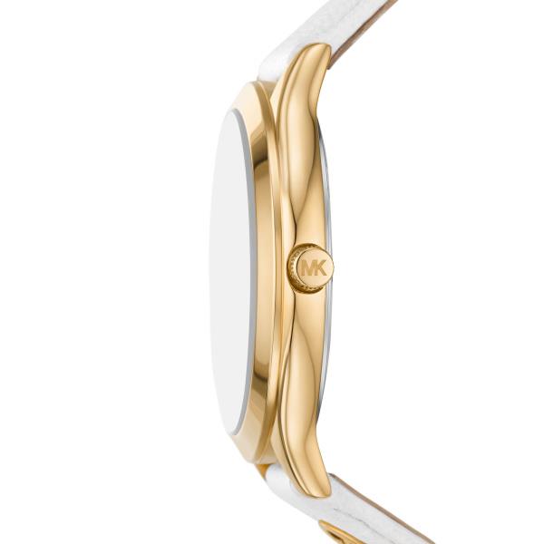 Michael Kors Slim Runway Weiß Lederarmband Goldfarbener Gehäuse Silber Zifferblatt Damen Uhr MK7466