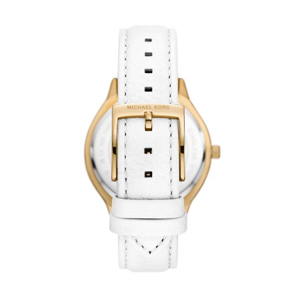 Michael Kors Slim Runway Weiß Lederarmband Goldfarbener Gehäuse Silber Zifferblatt Damen Uhr MK7466