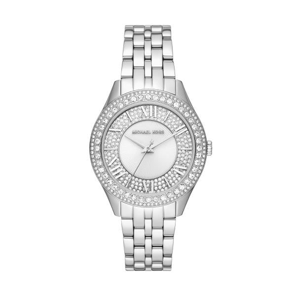 Michael Kors Harlowe Kristallverzierte Silberfarbene Edelstahl Weißes Zifferblatt Damen Uhr MK4708