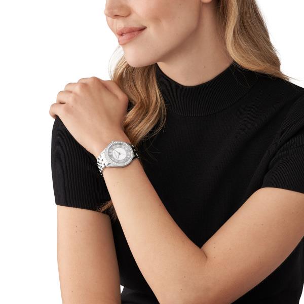 Michael Kors Harlowe Kristallverzierte Silberfarbene Edelstahl Weißes Zifferblatt Damen Uhr MK4708