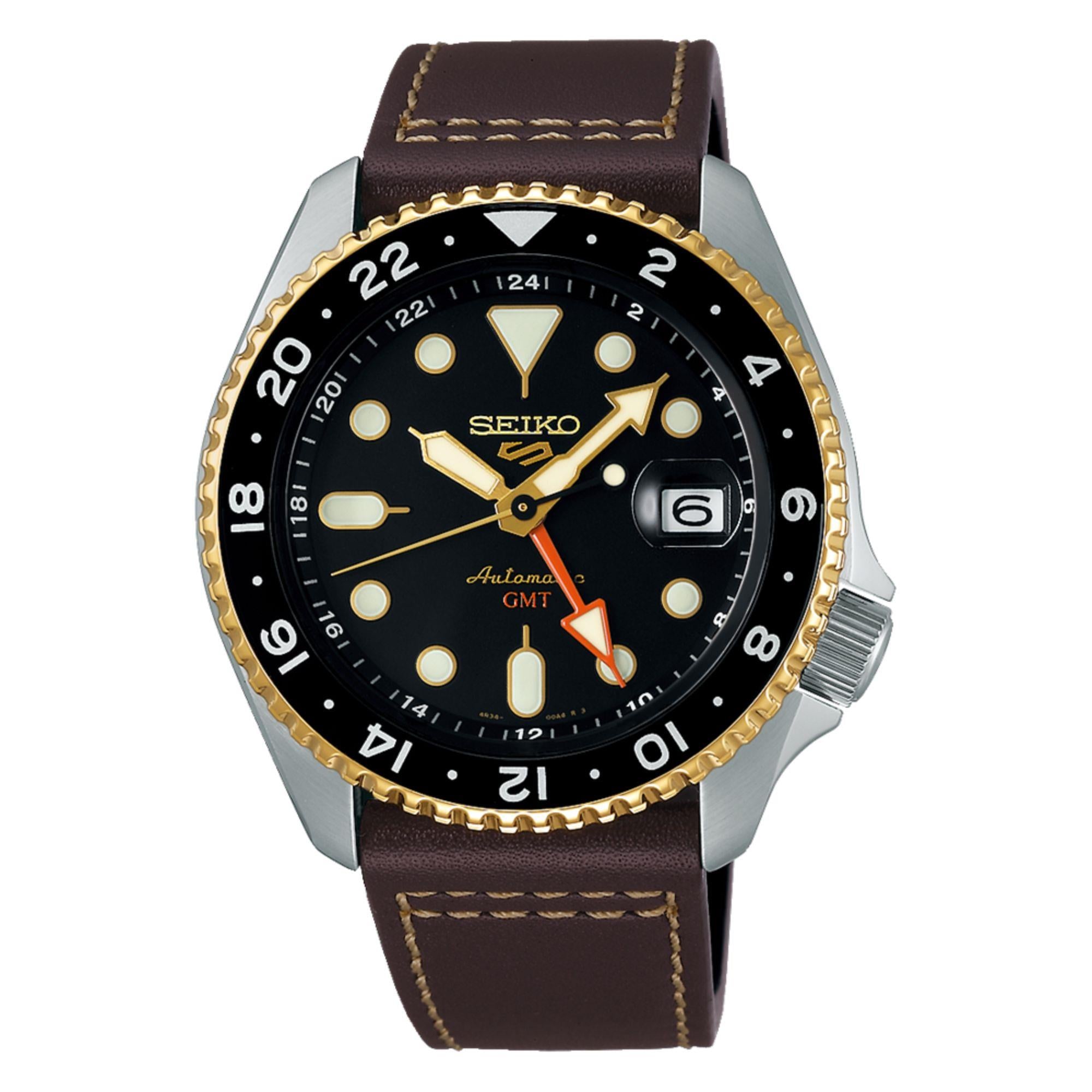 Seiko 5 Sports SKX GMT Mocha Automatik Schwarzes Zifferblatt Braunes Lederarmband Herren Uhr SSK036K1