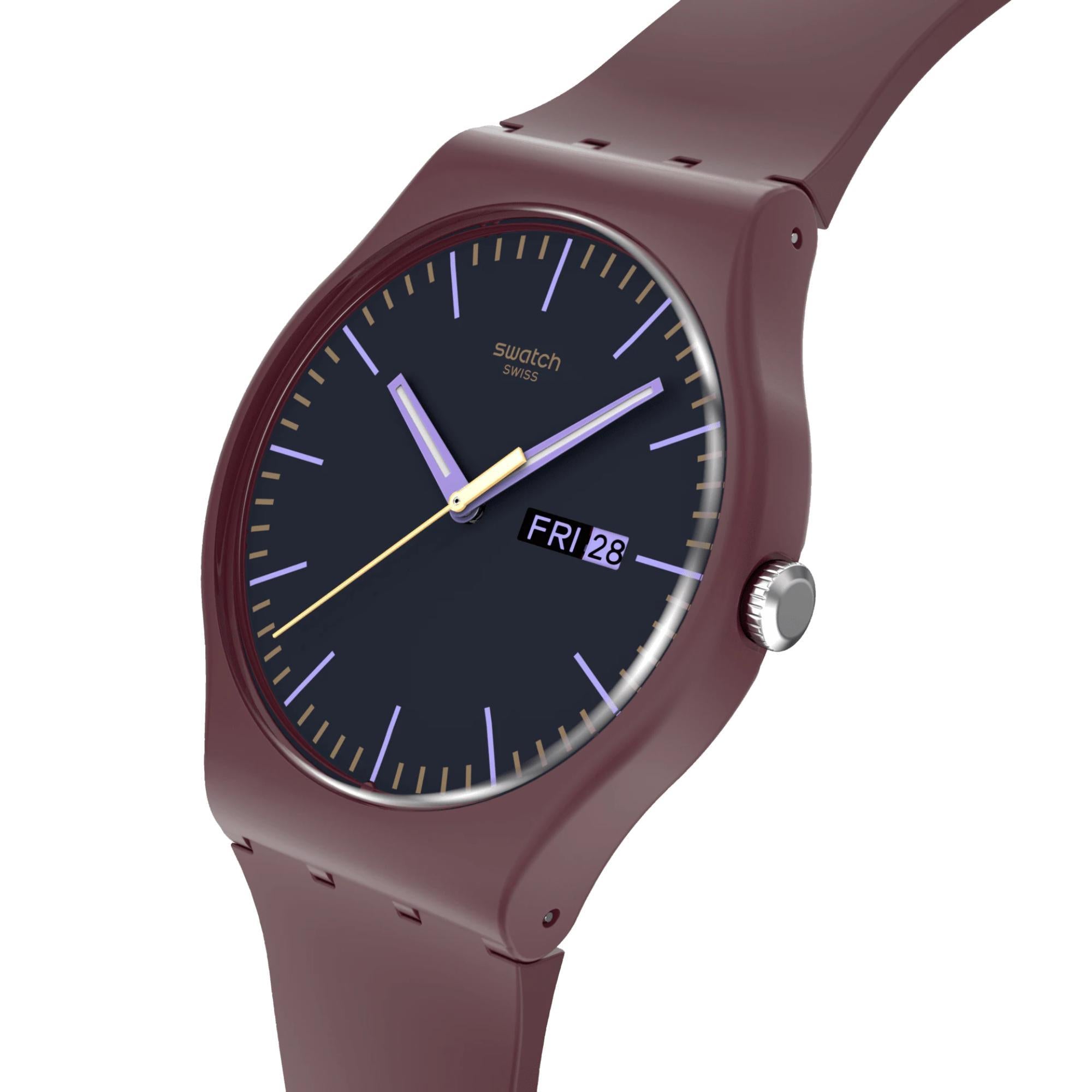 Swatch BURGUNDY BERRY Quarz Graues Zifferblatt Silikonarmband Herren Uhr SO29R707
