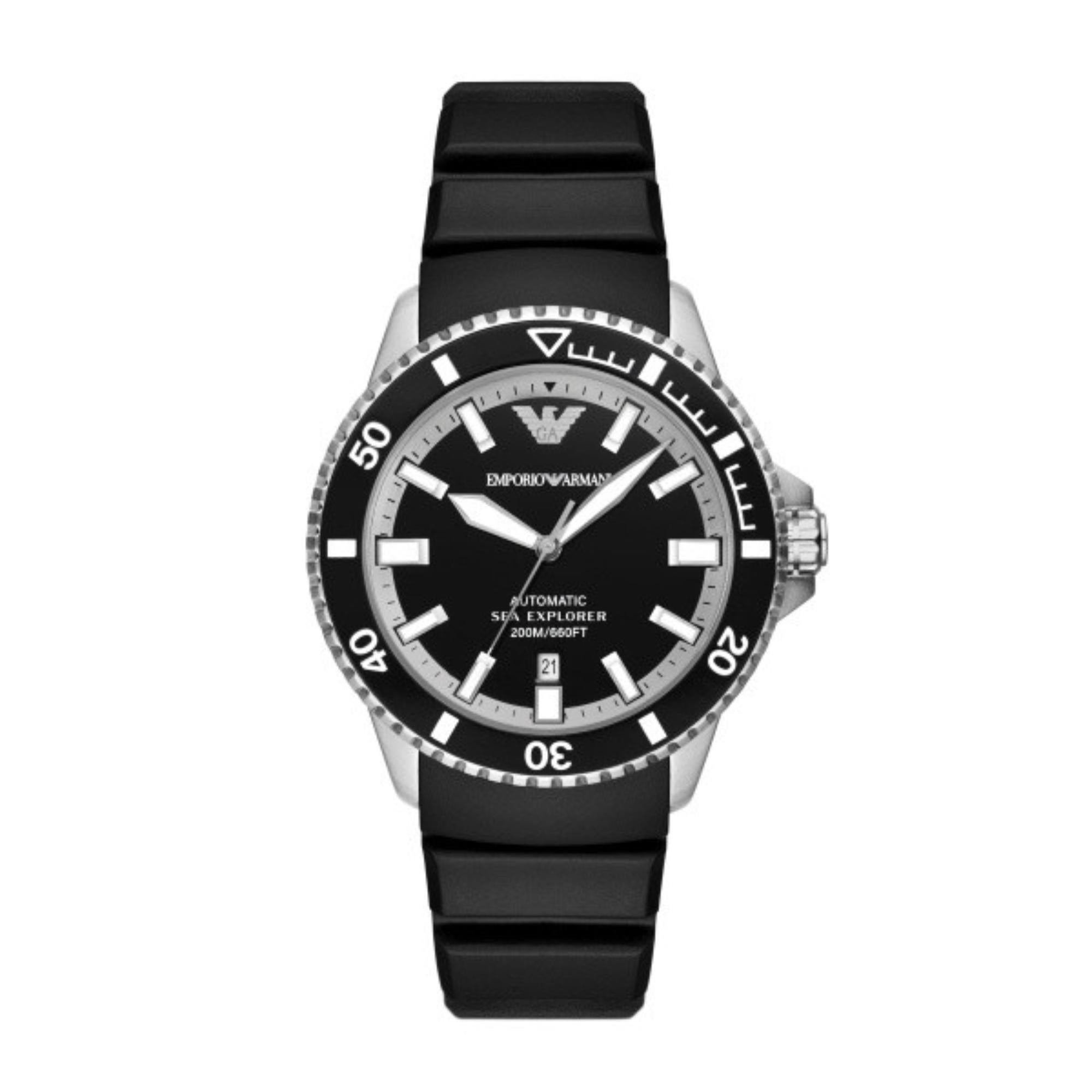 Emporio Armani Sea Explorer 42mm  Black Dial Silicone Mens Quartz Watch AR60078