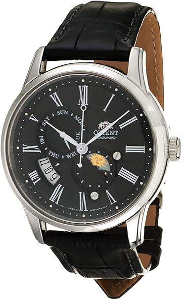 Orient Bambino 42.5mm Sun & Moon Schwarzes Zifferblatt Leder Herren Automatik Uhr RA-AK0010B30B