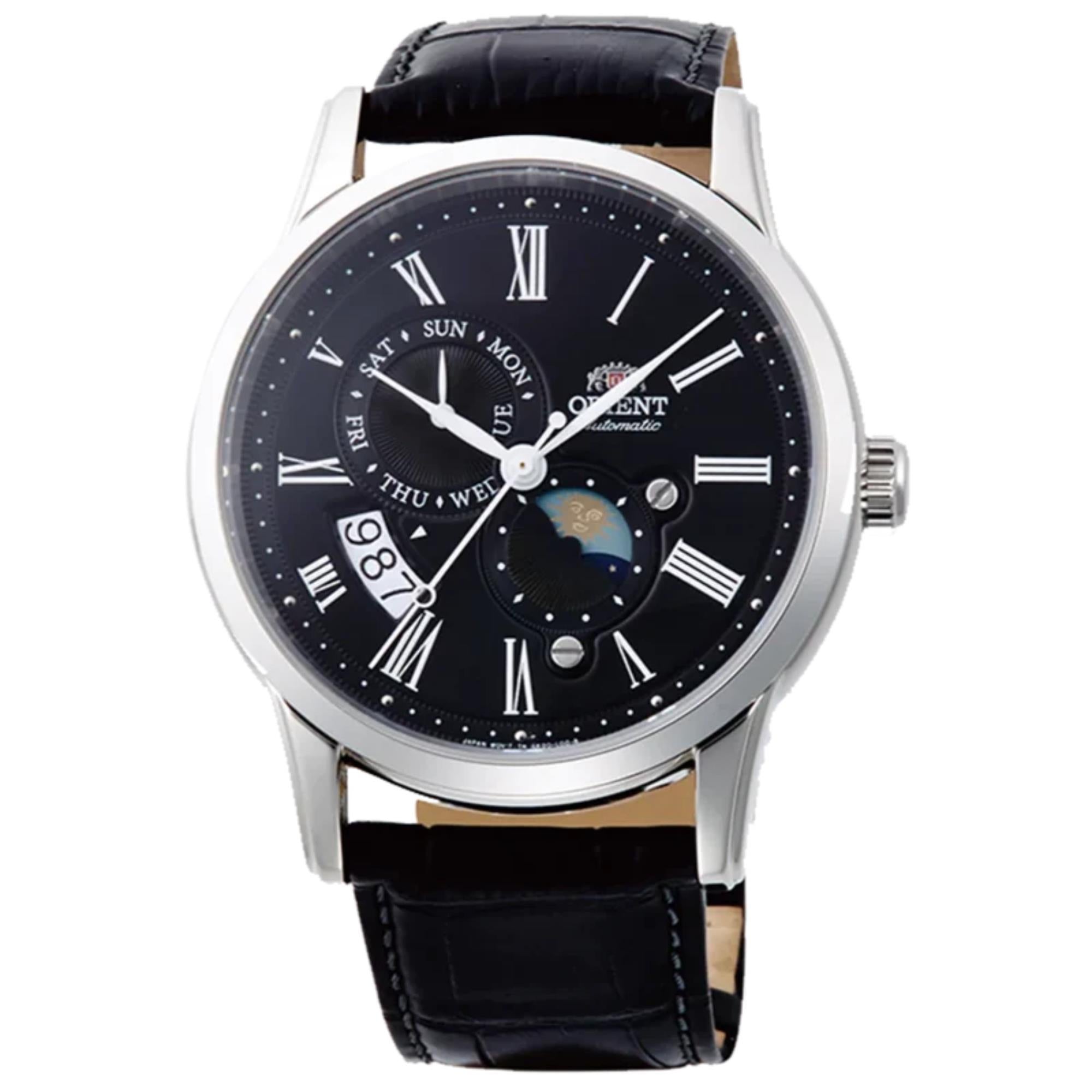 Orient Bambino 42.5mm Sun & Moon Schwarzes Zifferblatt Leder Herren Automatik Uhr RA-AK0010B30B