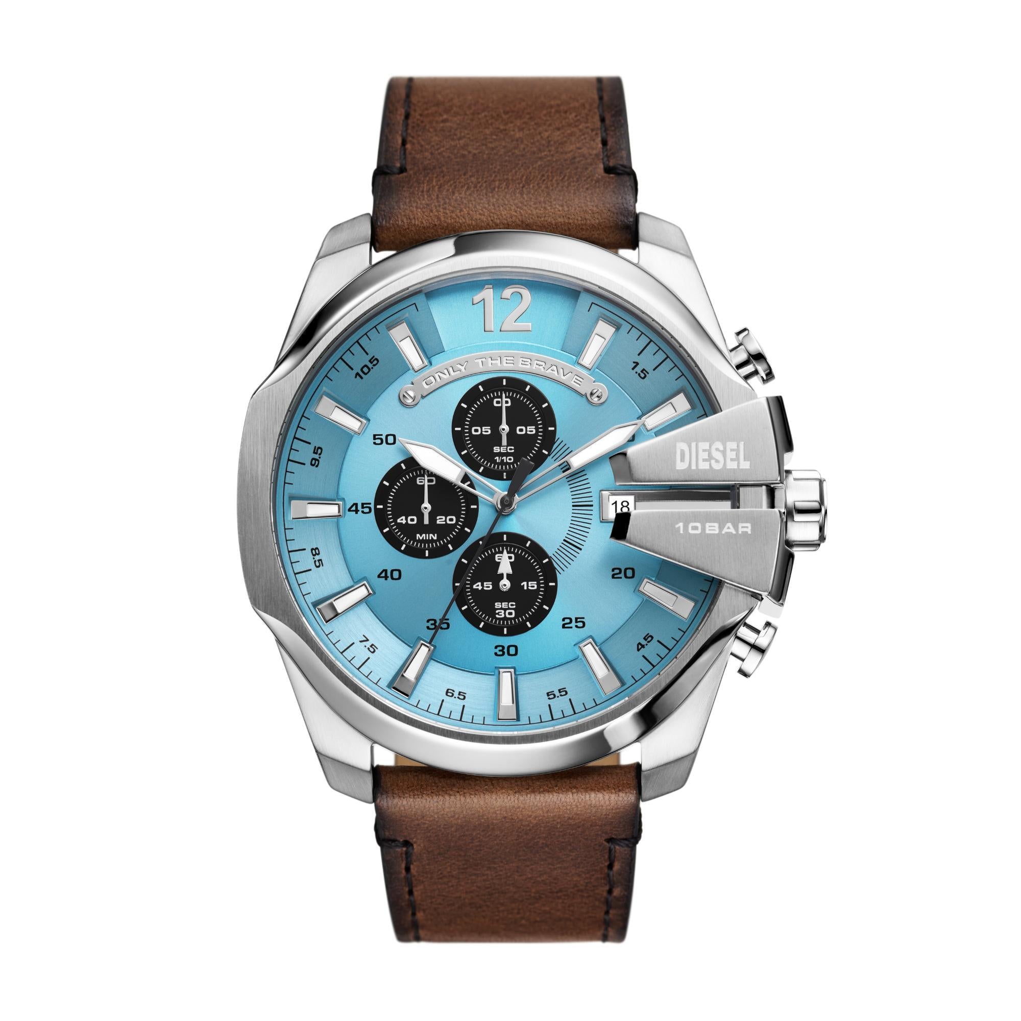 Dietrich watch with blue face and brown leather strap on a white background