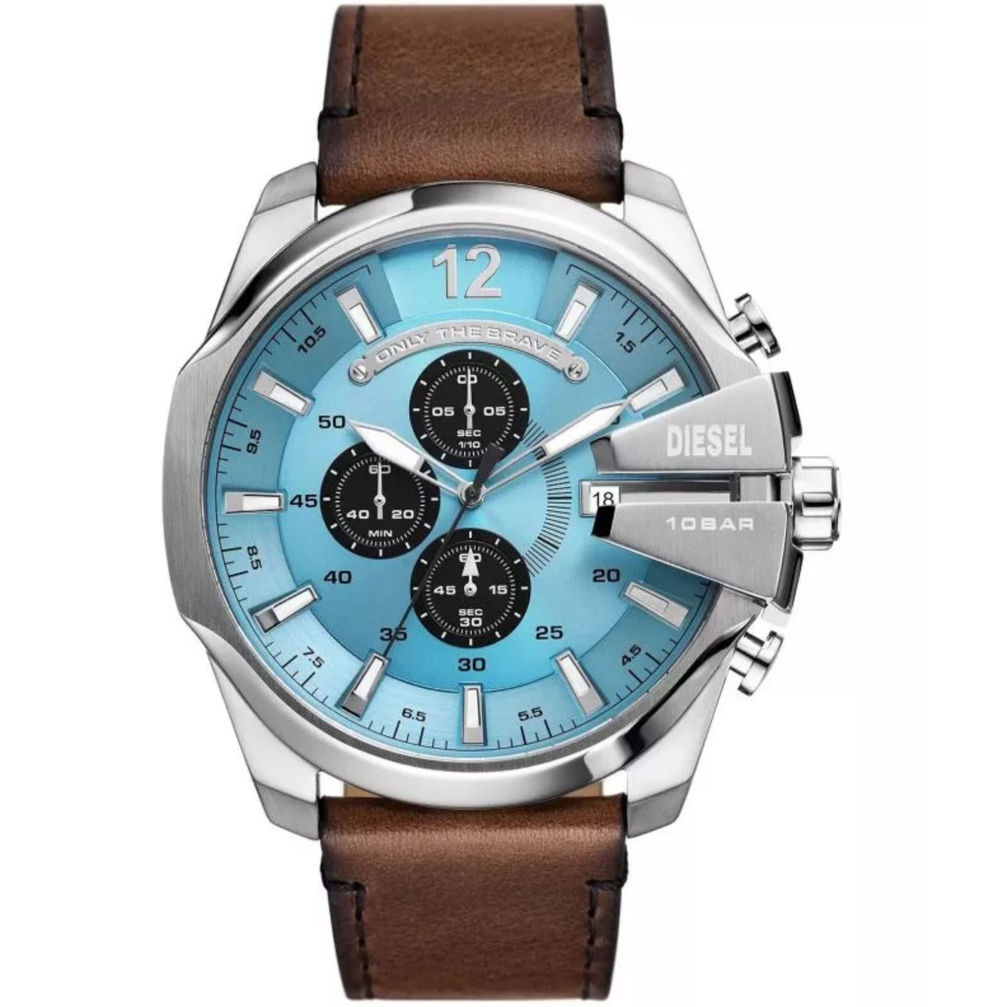 Diesel watch with blue face and brown leather strap on a white background