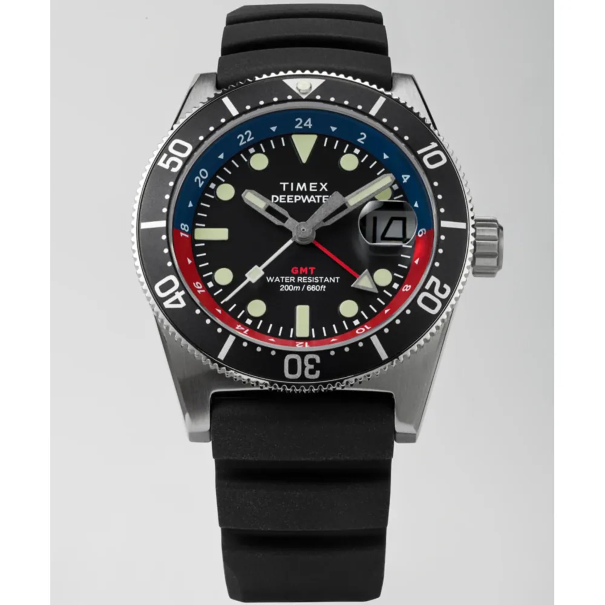 Timex Deep Water 41mm Schwarzes Zifferblatt Gummi Herren Quarz Uhr TW2W75000