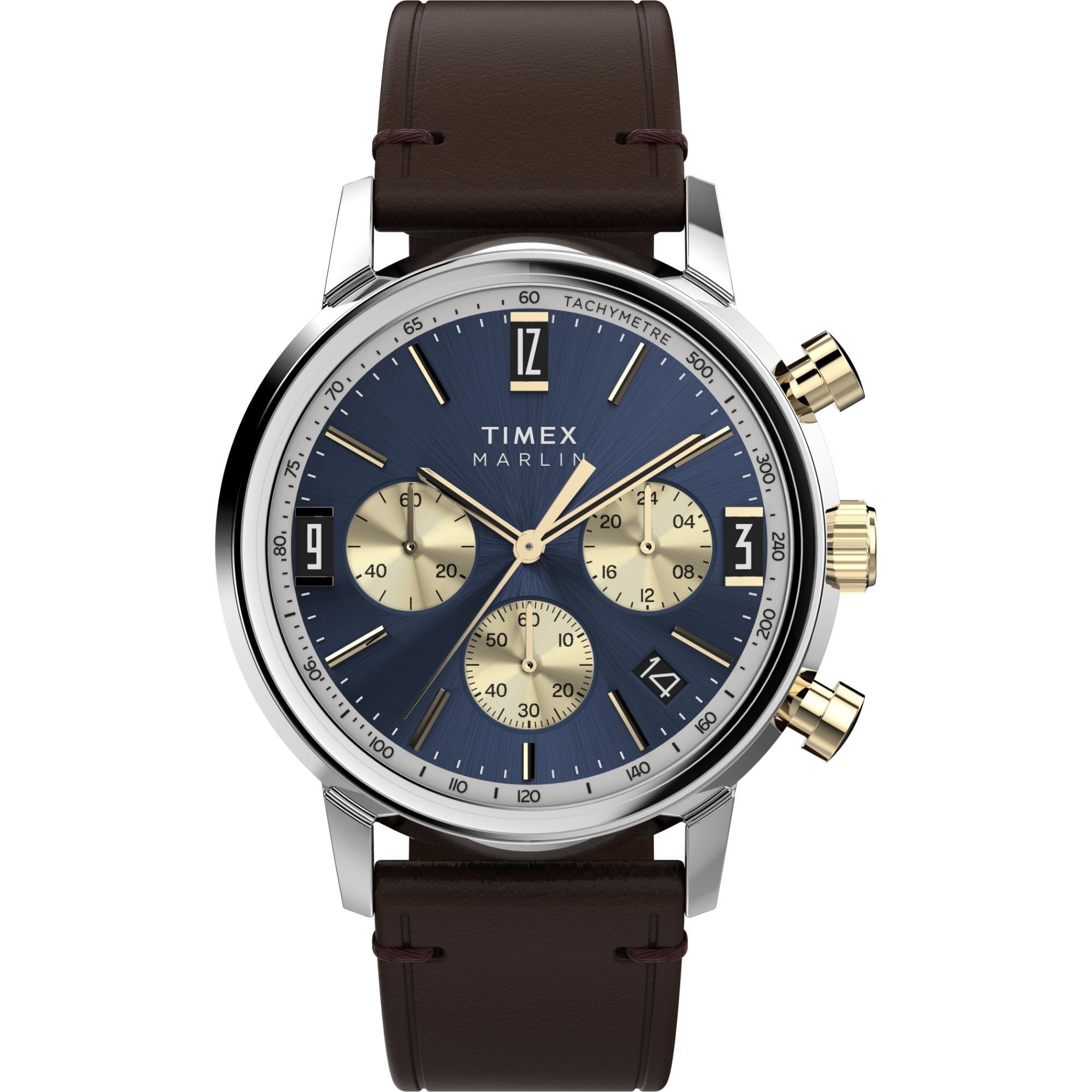 Timex Marlin 40mm Chronograph Blue Dial Leather Mens Quartz Watch TW2W60400