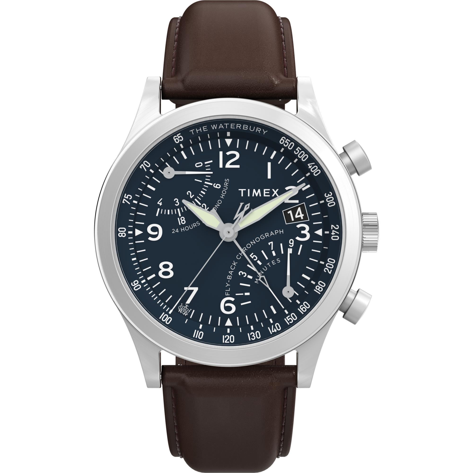 Timex Waterbury 43mm Chronograph Blue Dial Leather Mens Quartz Watch TW2W47900
