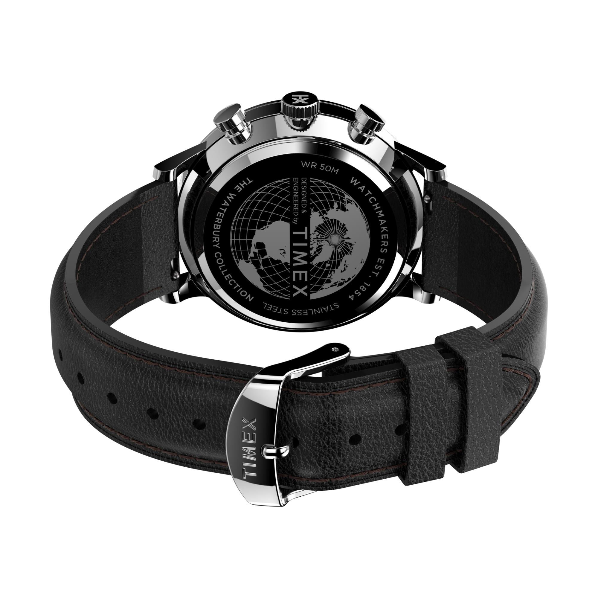 Timex Waterbury 40mm Chronograph Black Dial Leather Mens Quartz Watch TW2U88300
