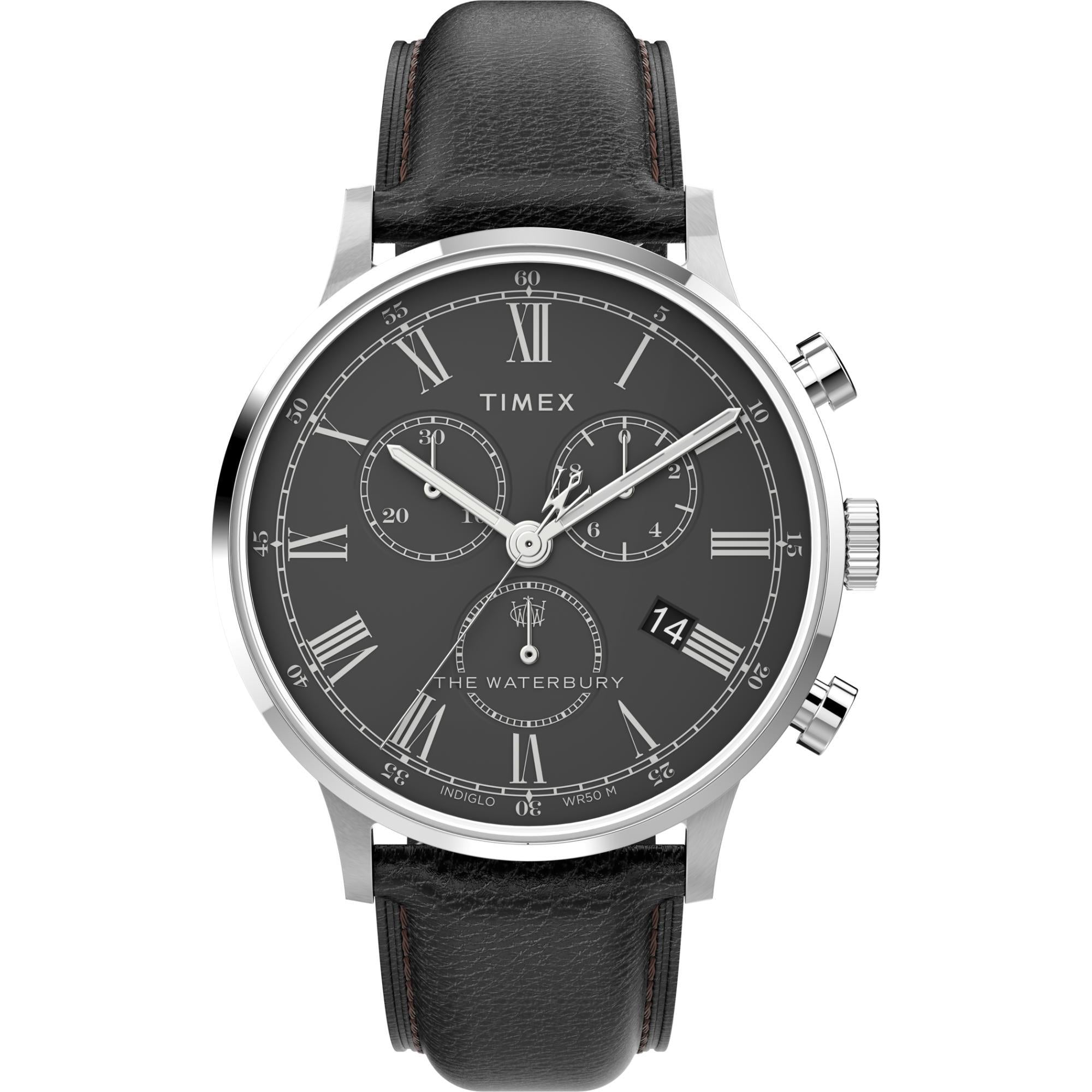 Timex Waterbury 40mm Chronograph Black Dial Leather Mens Quartz Watch TW2U88300