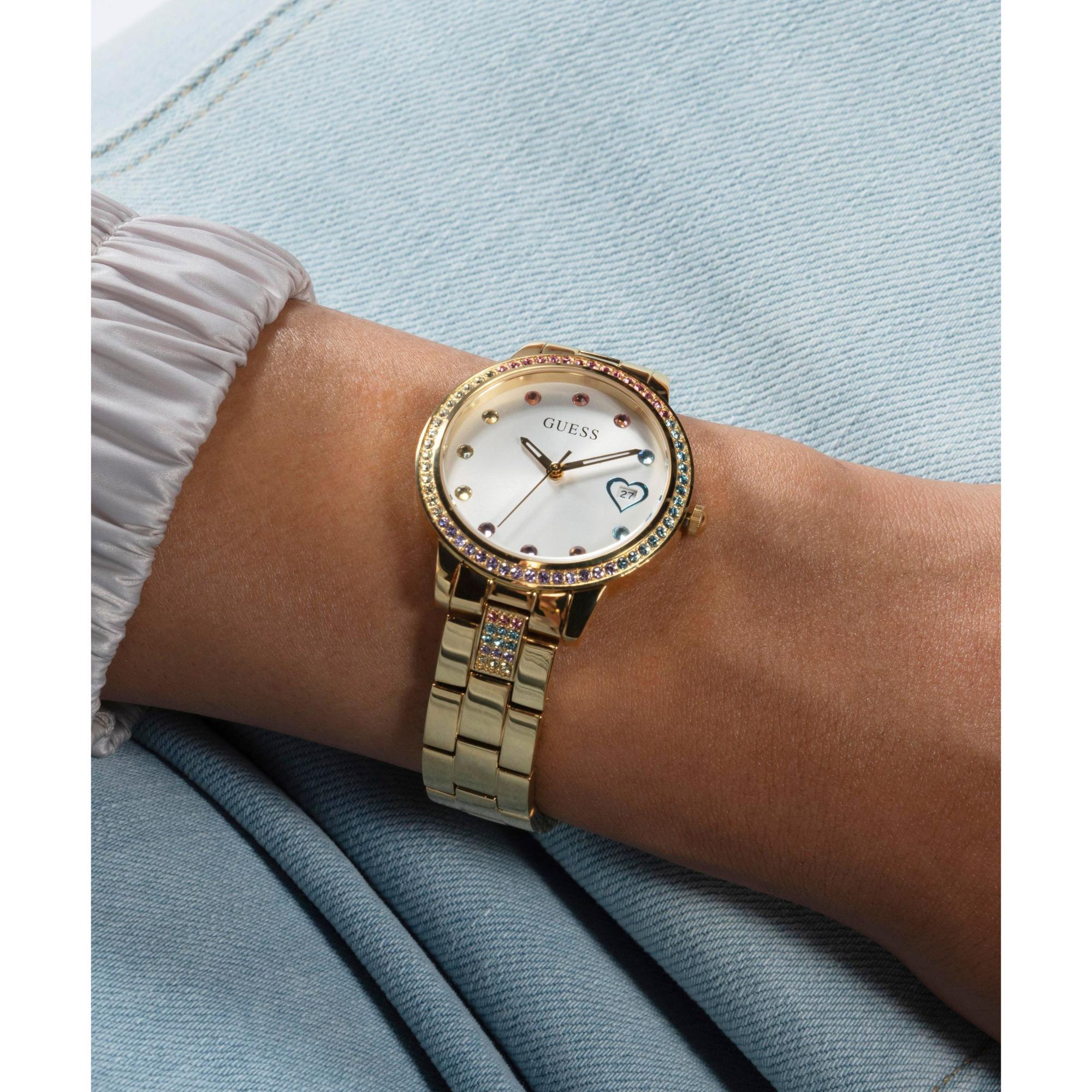 GUESS Damenarmbanduhr mit goldfarbener Lünette, Datum, Edelstahl, weißes Zifferblatt GW0657L21