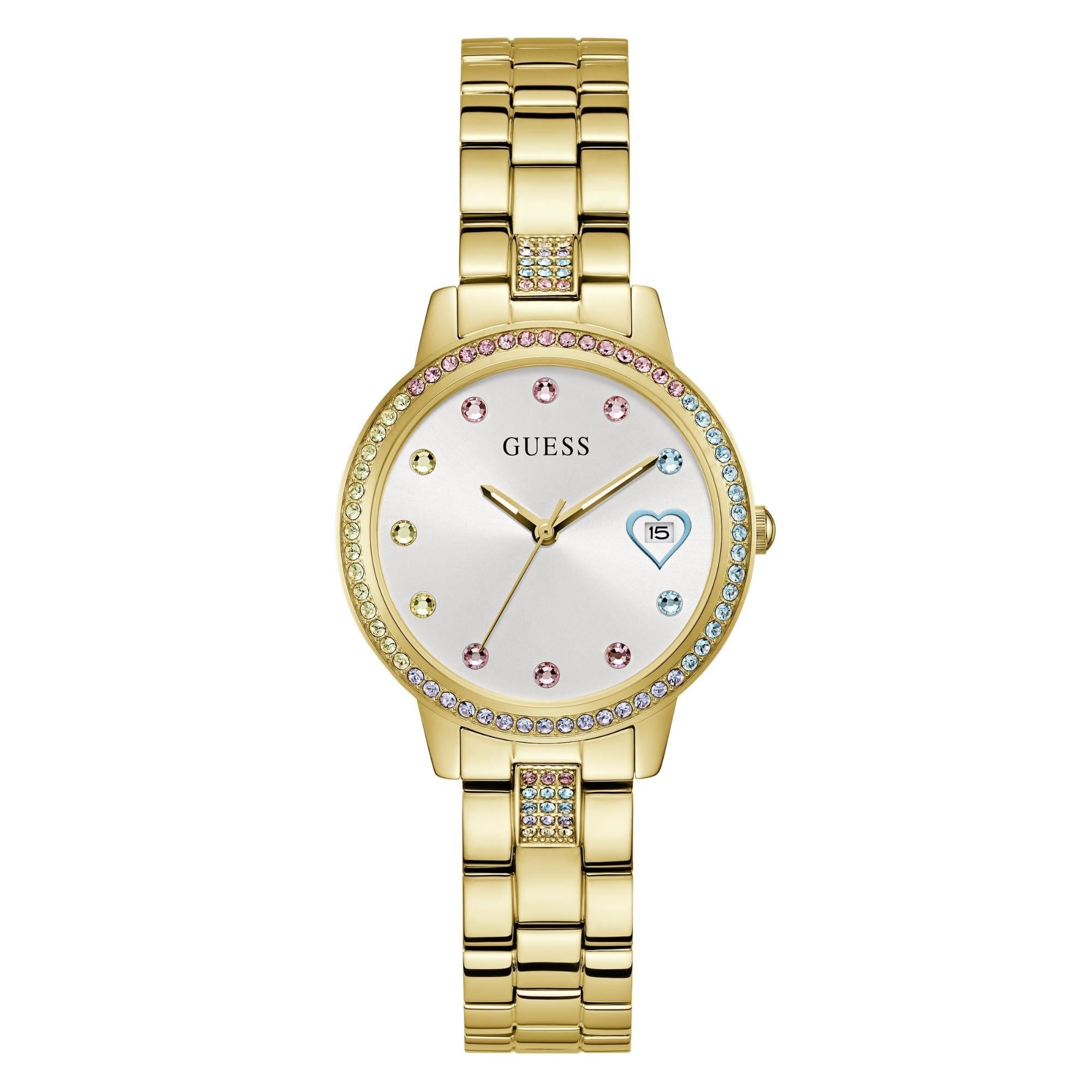 GUESS Damenarmbanduhr mit goldfarbener Lünette, Datum, Edelstahl, weißes Zifferblatt GW0657L21