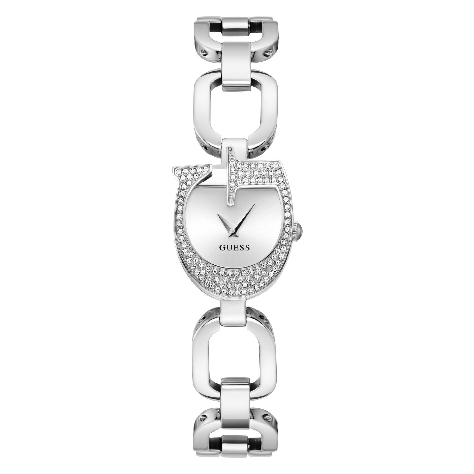 GUESS Damenarmbanduhr mit silbernem Zifferblatt, analog, mit Kristallakzenten GW0683L1